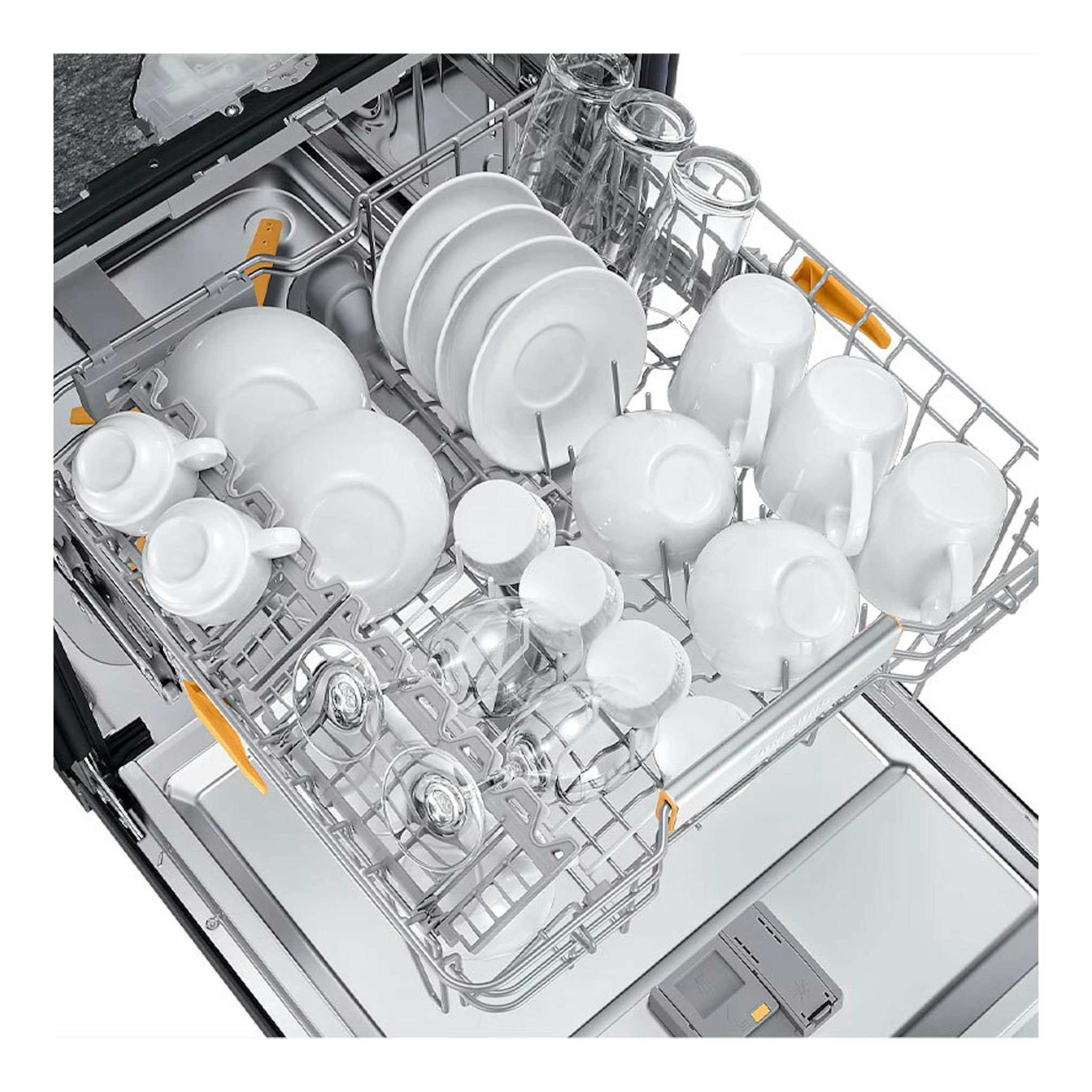 Lavavajillas integrable Samsung DW60DG790I00U1, vista superior del interior gris con cestas llenas de platos y vasos.