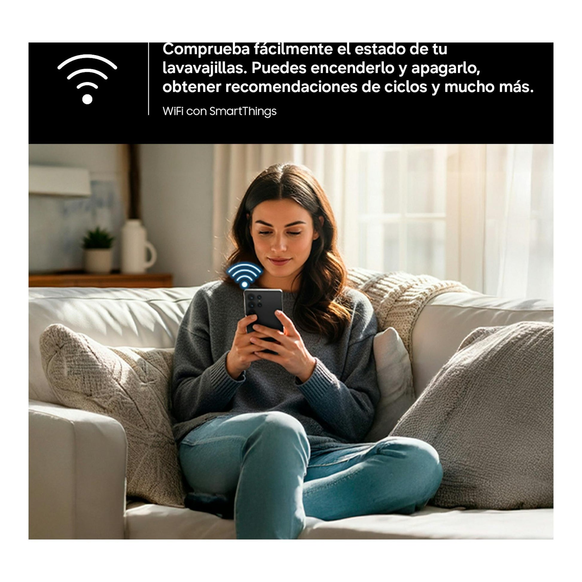 Banner de Samsung DW80H73WBI0U1 con mujer en sofá y texto sobre Wi‑Fi con SmartThings.