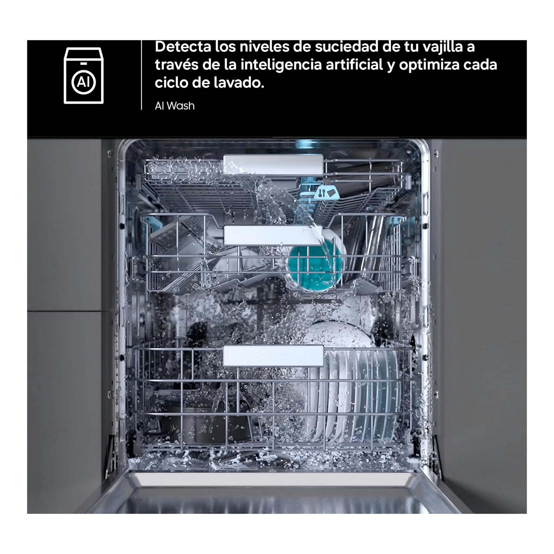 Samsung DW80H73WBI0U1: lavavajillas integrable abierto, interior de acero con cestos y agua en funcionamiento.