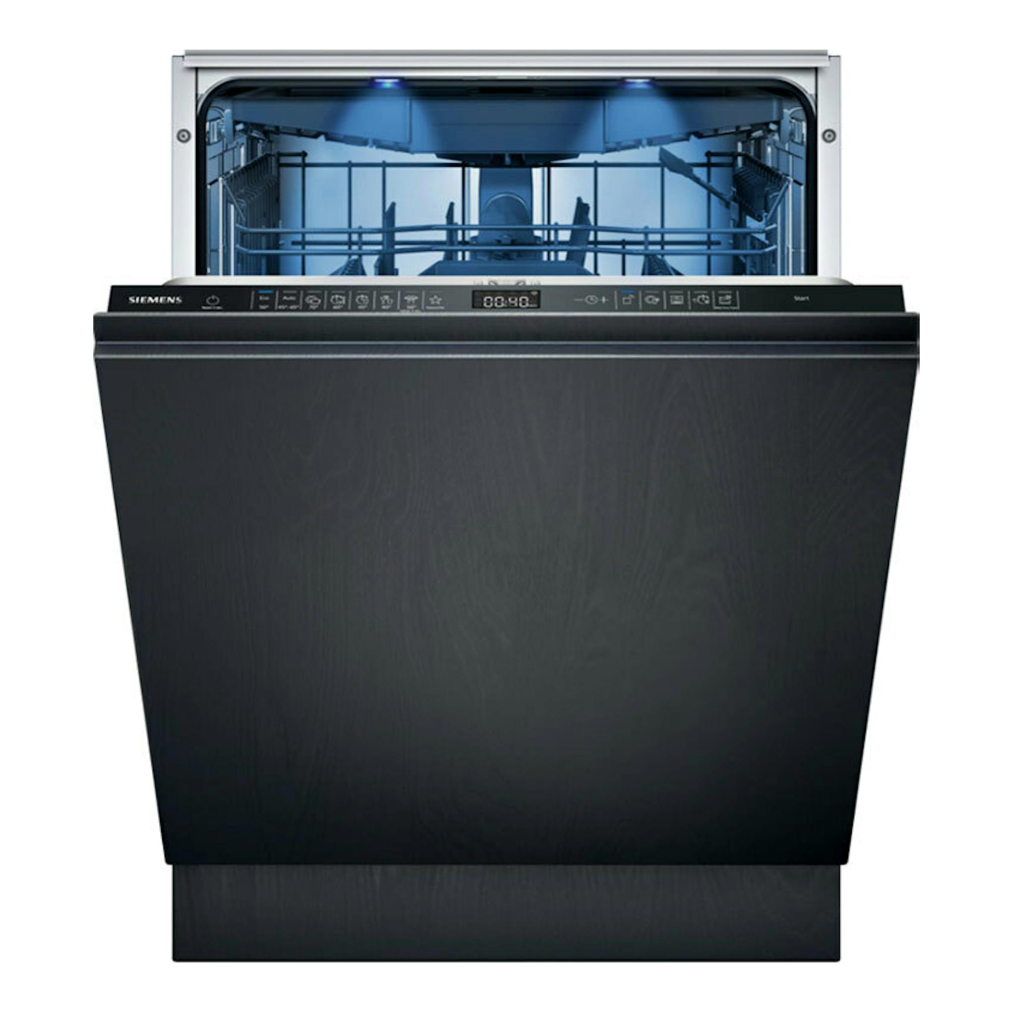 Lavavajillas integrable Siemens SN65ZX07CE negro, vista frontal con la puerta abierta e interior iluminado.