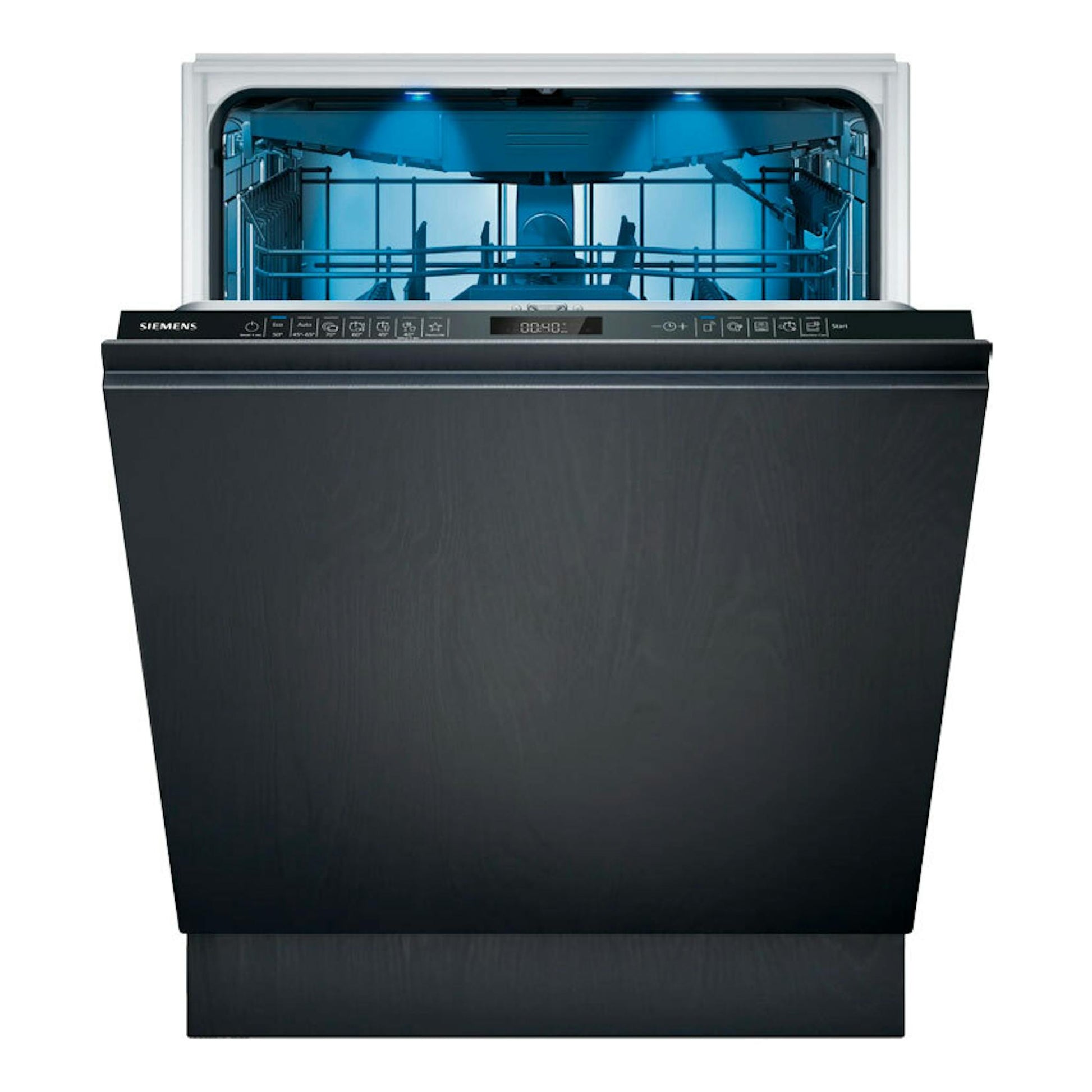 Lavavajillas integrable Siemens SN65ZX17CE negro, puerta abierta, interior azul visible