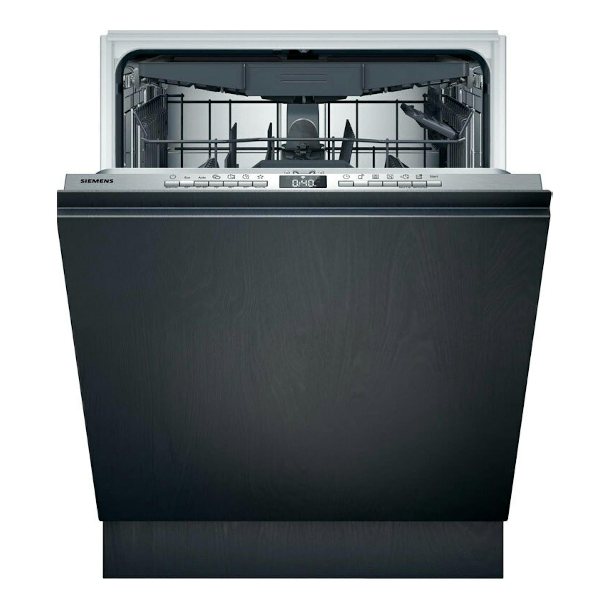 Lavavajillas integrable Siemens SN73EX22CE negro, vista frontal con la puerta abierta.