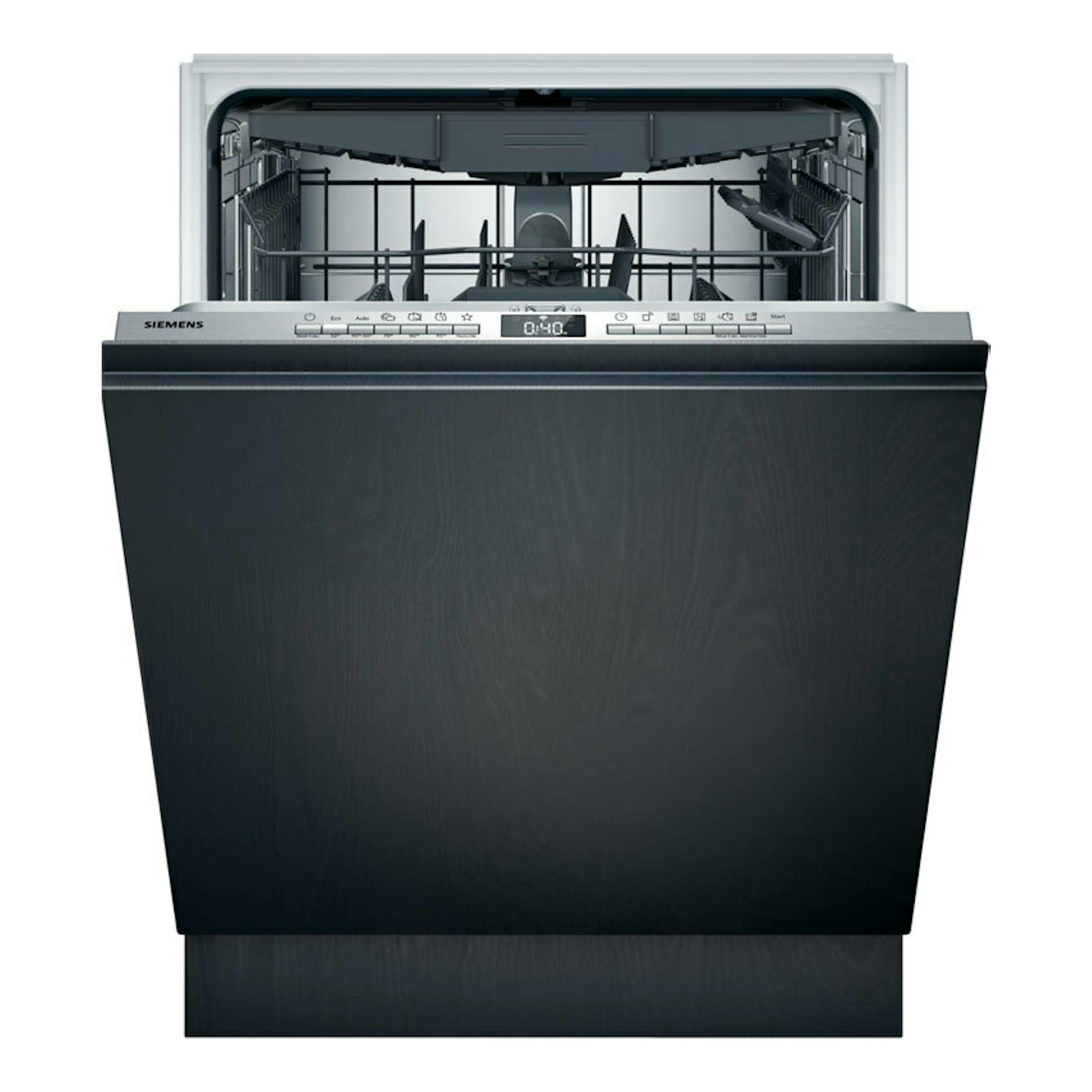 Lavavajillas integrable Siemens SN73EX22CE negro, vista frontal con la puerta abierta.