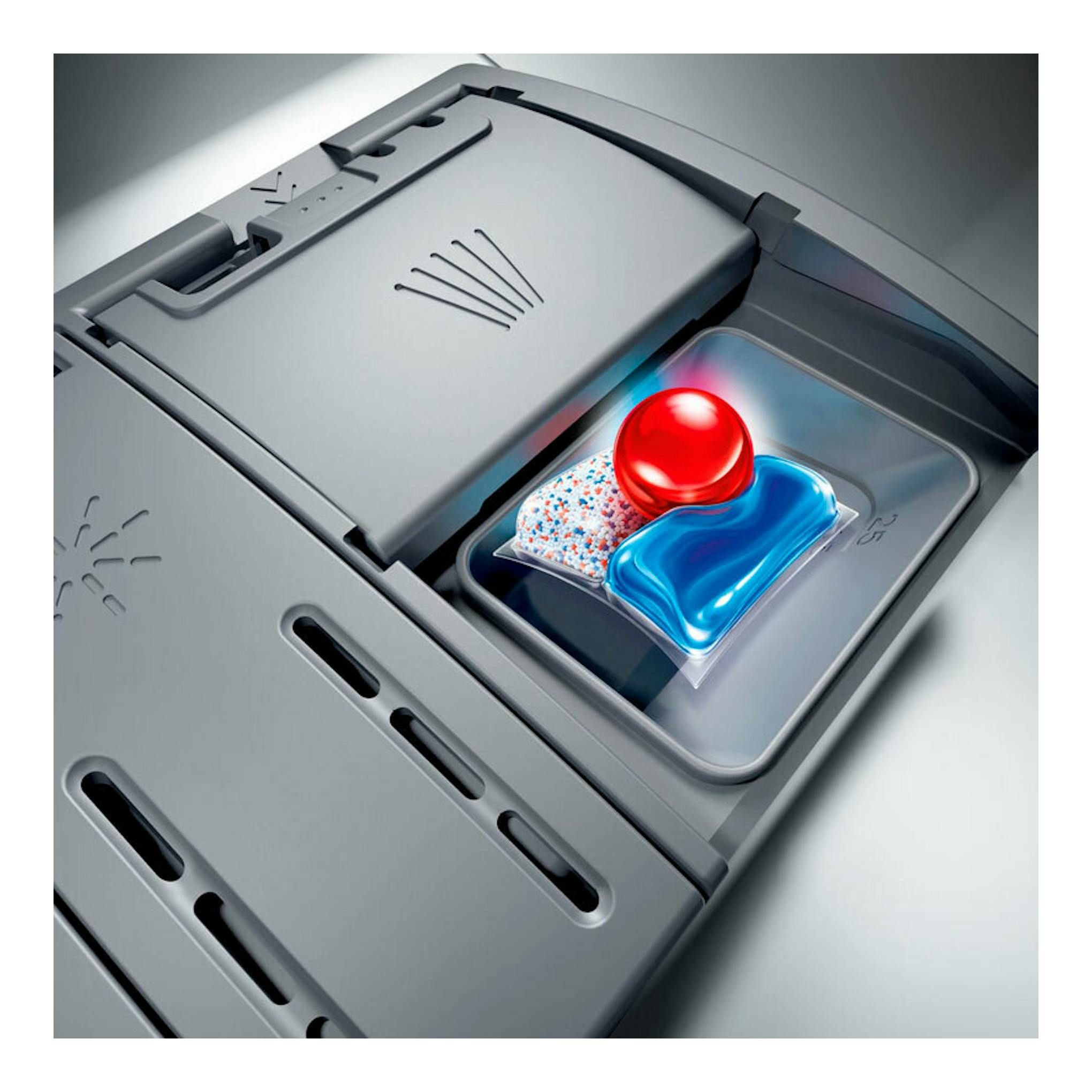Lavavajillas integrable Siemens SN73EX22CE, vista cenital en gris, con compartimento de detergente abierto.