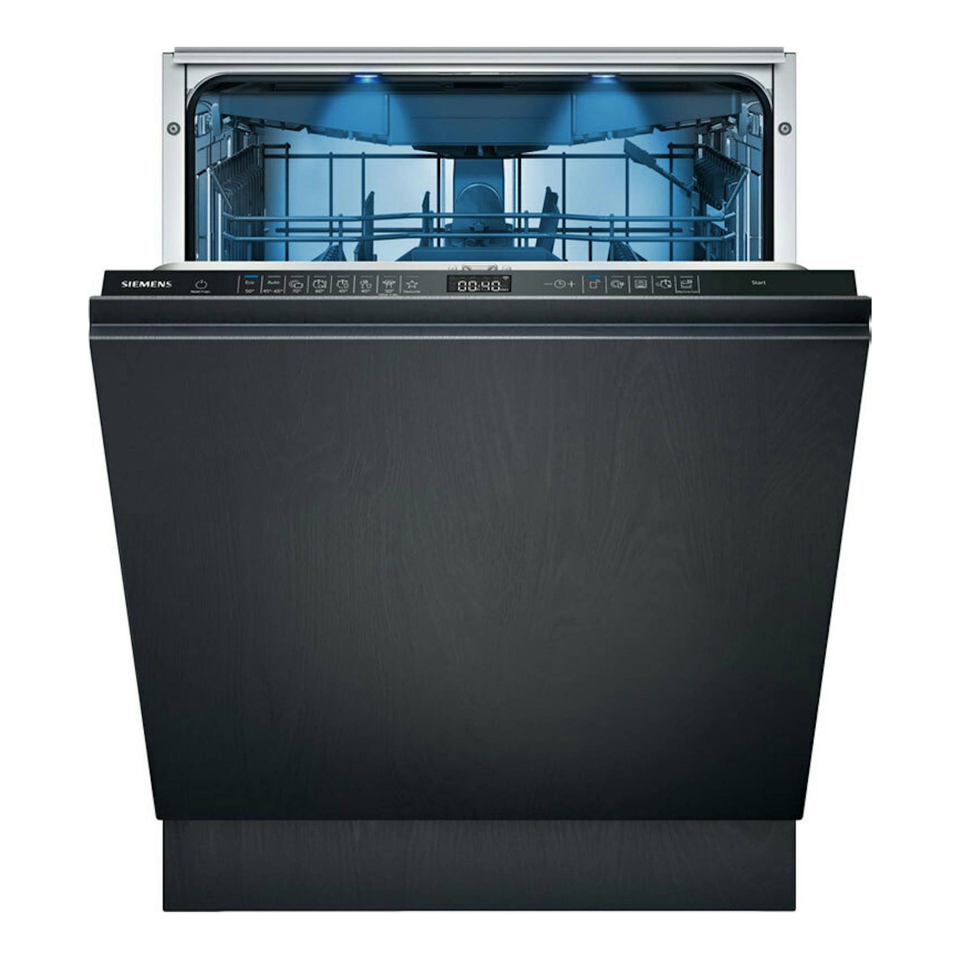 Lavavajillas integrable Siemens SN75ZX07CE negro, vista frontal con puerta abierta e interior azul.