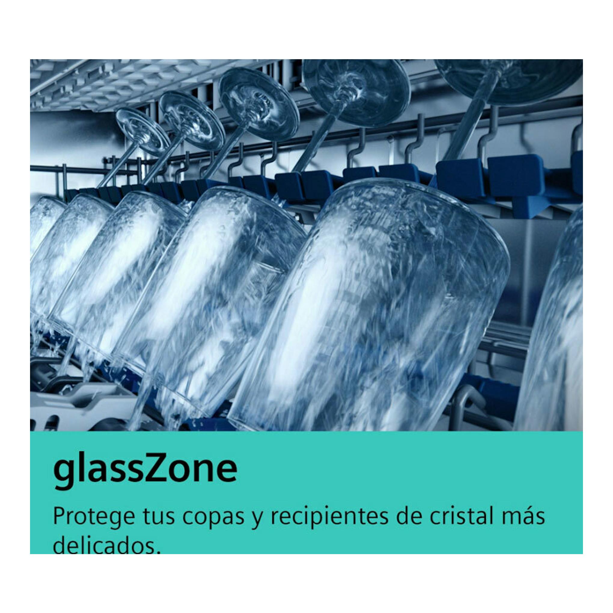 Siemens SN75ZX07CE, interior de lavavajillas con copas sujetas en rack azul y texto glassZone.