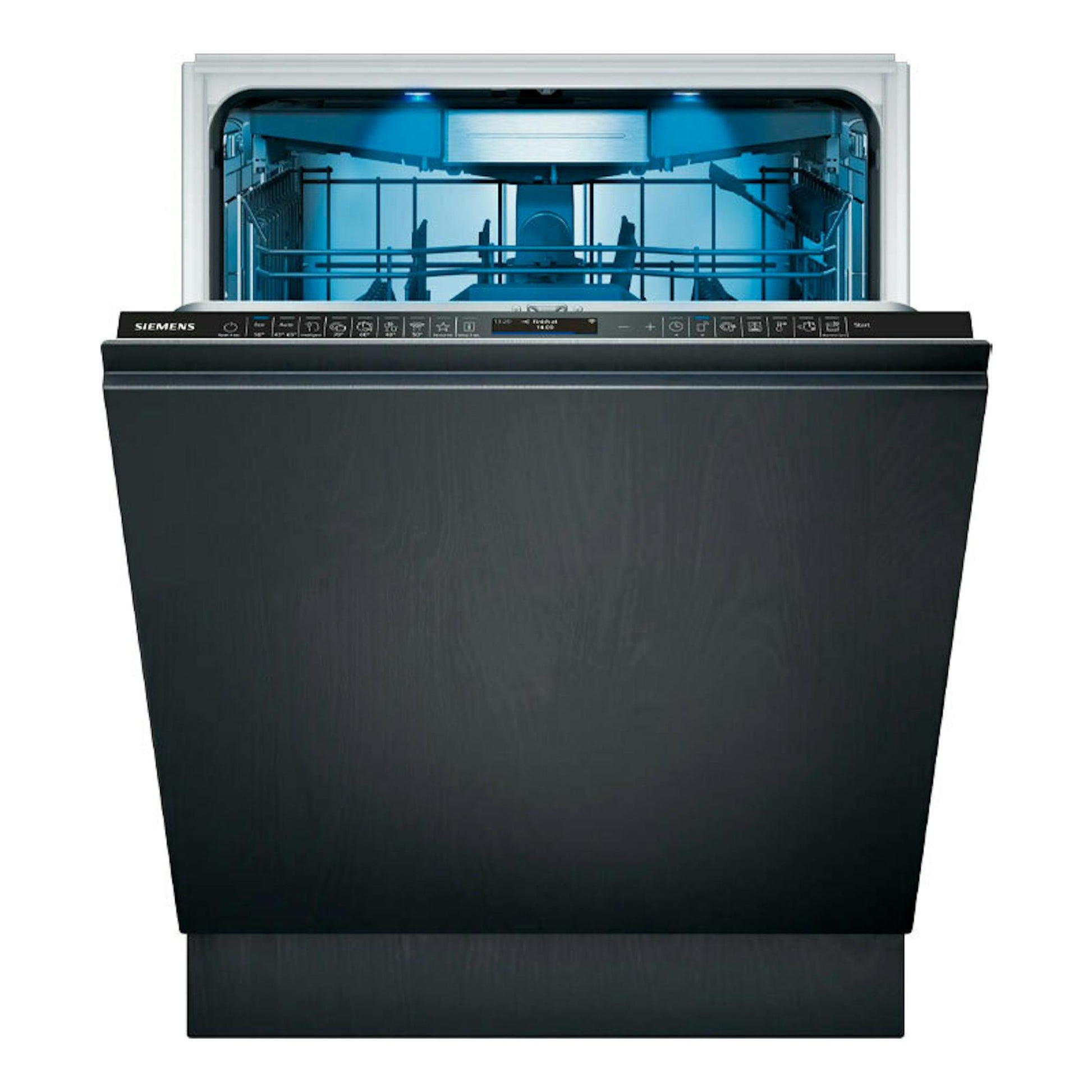 Lavavajillas integrable Siemens SN87TX02CE negro, frontal, con puerta abierta e interior iluminado en azul.