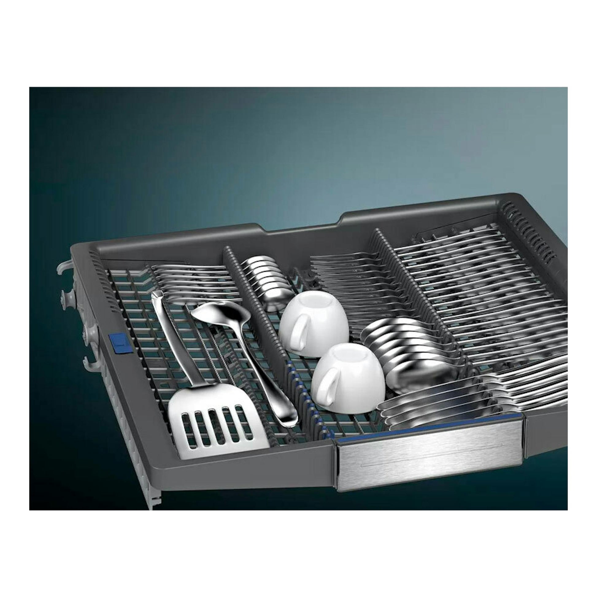 Siemens SN97TX02CE: bandeja superior de cubiertos en lavavajillas, vista en perspectiva, gris oscuro.