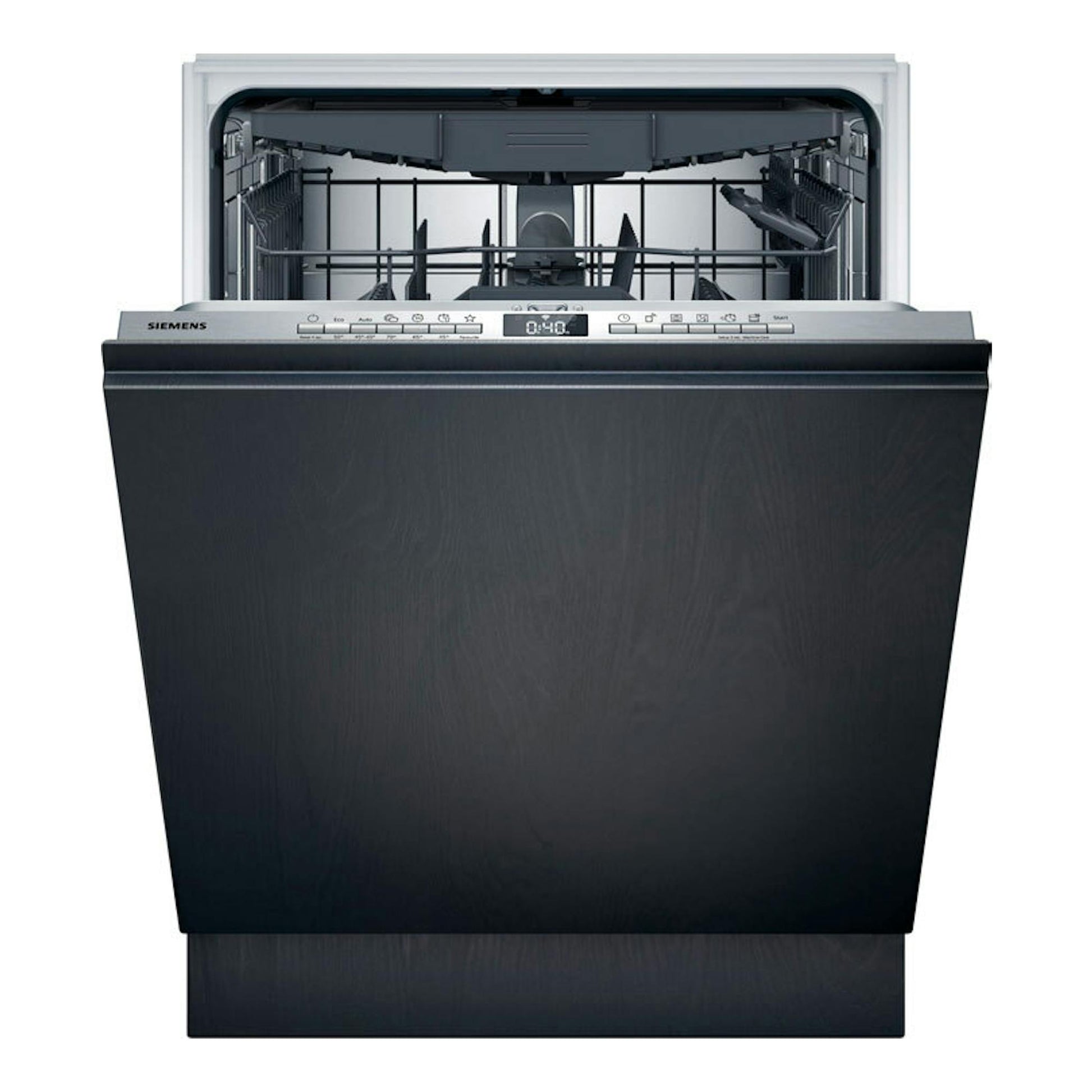 Lavavajillas integrable Siemens SX63HX16CE, vista frontal, puerta negra abierta y cestos visibles.