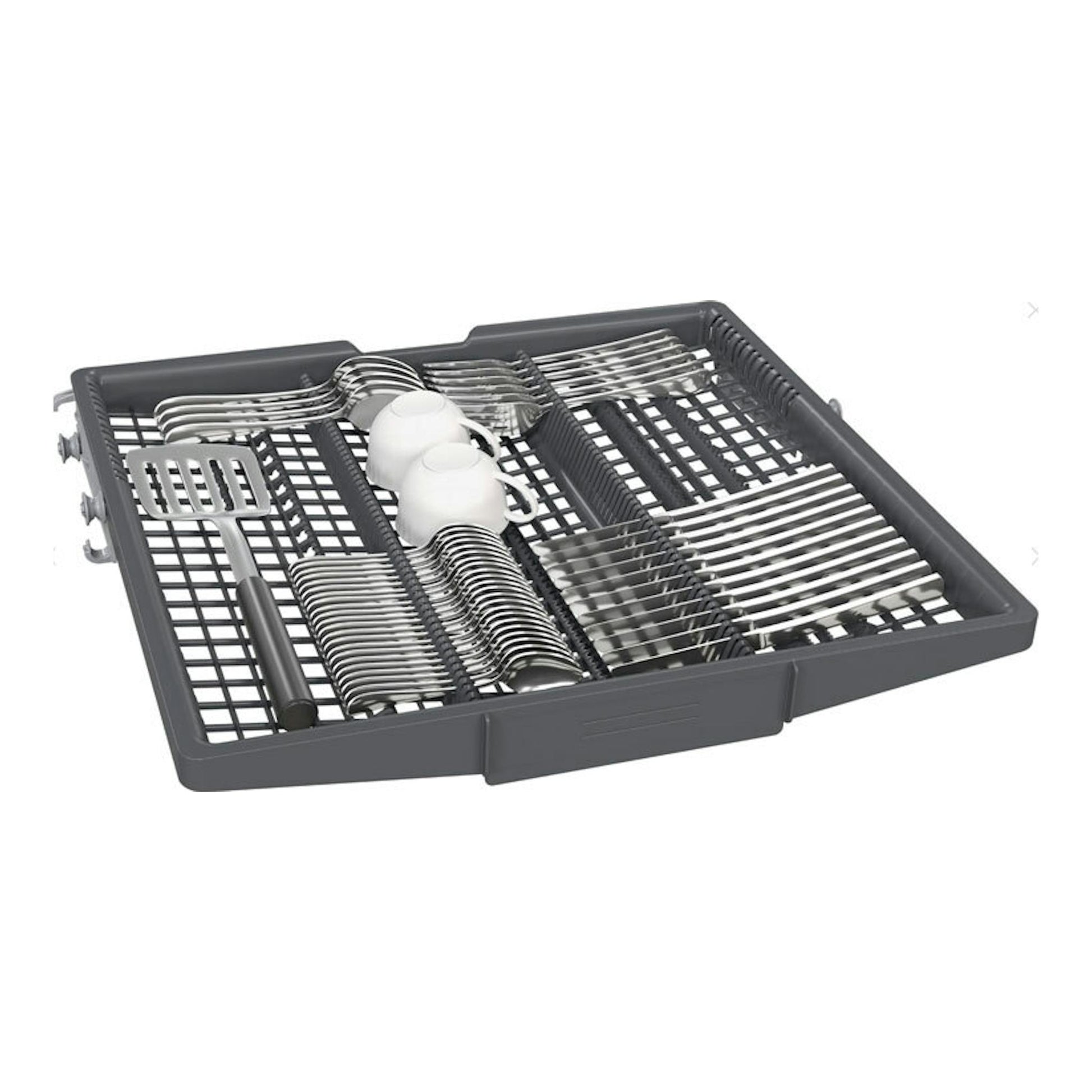Bandeja de cubiertos gris de lavavajillas Siemens SX63HX16CE, con cubiertos y dos tazas, vista en ángulo.