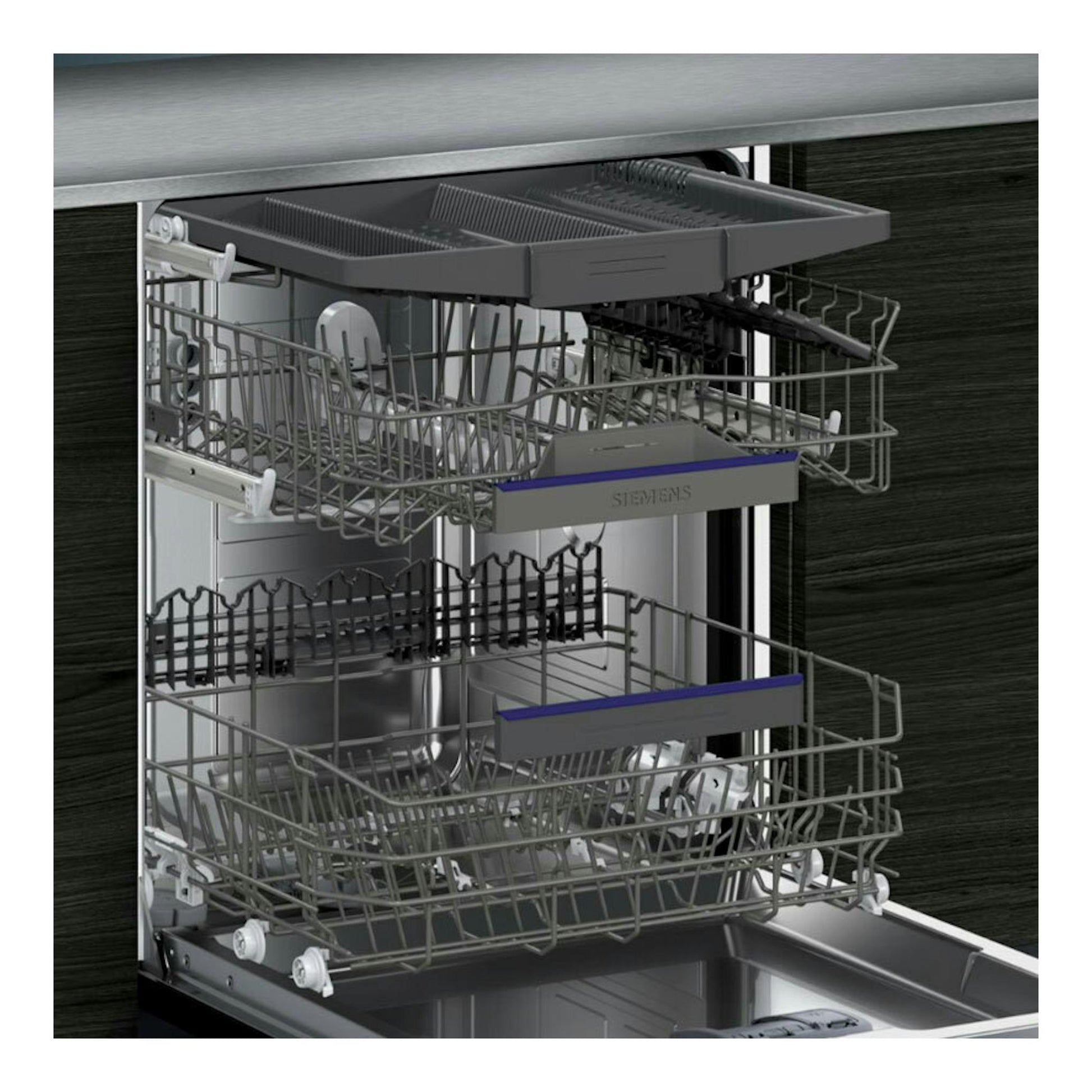 Lavavajillas integrable Siemens SX65ZX07CE, vista frontal abierta, interior gris con cestas y bandeja superior.