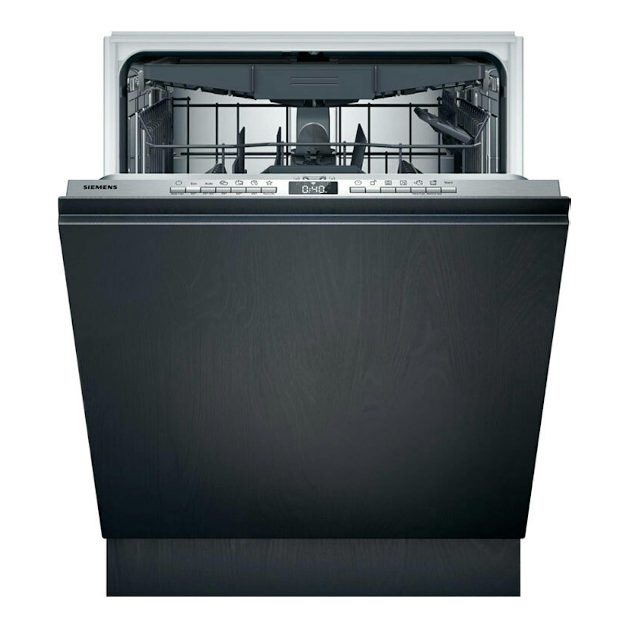 Lavavajillas integrable Siemens SX73EX22CE negro, vista frontal con la puerta abatida y el interior visible.