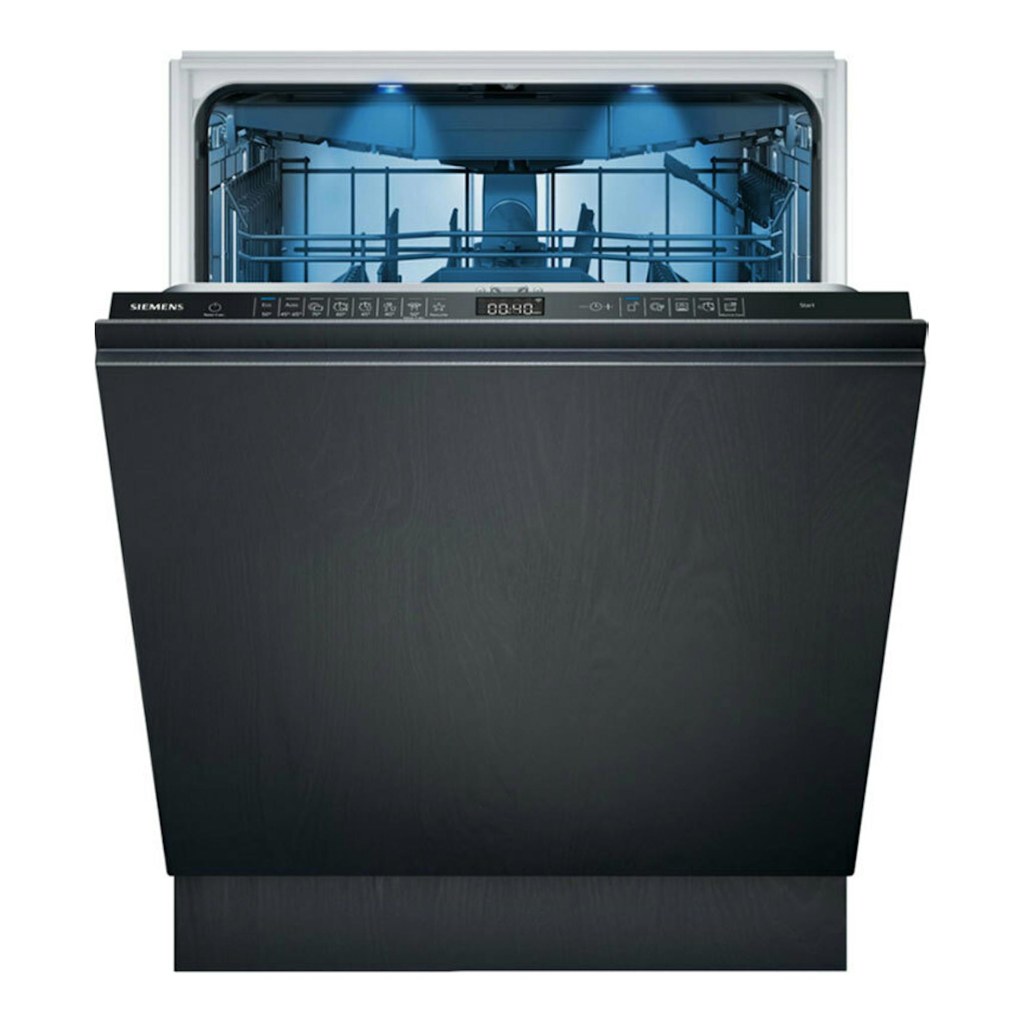 Lavavajillas integrable Siemens SX75ZX07CE negro, vista frontal con puerta abierta y cestas visibles.