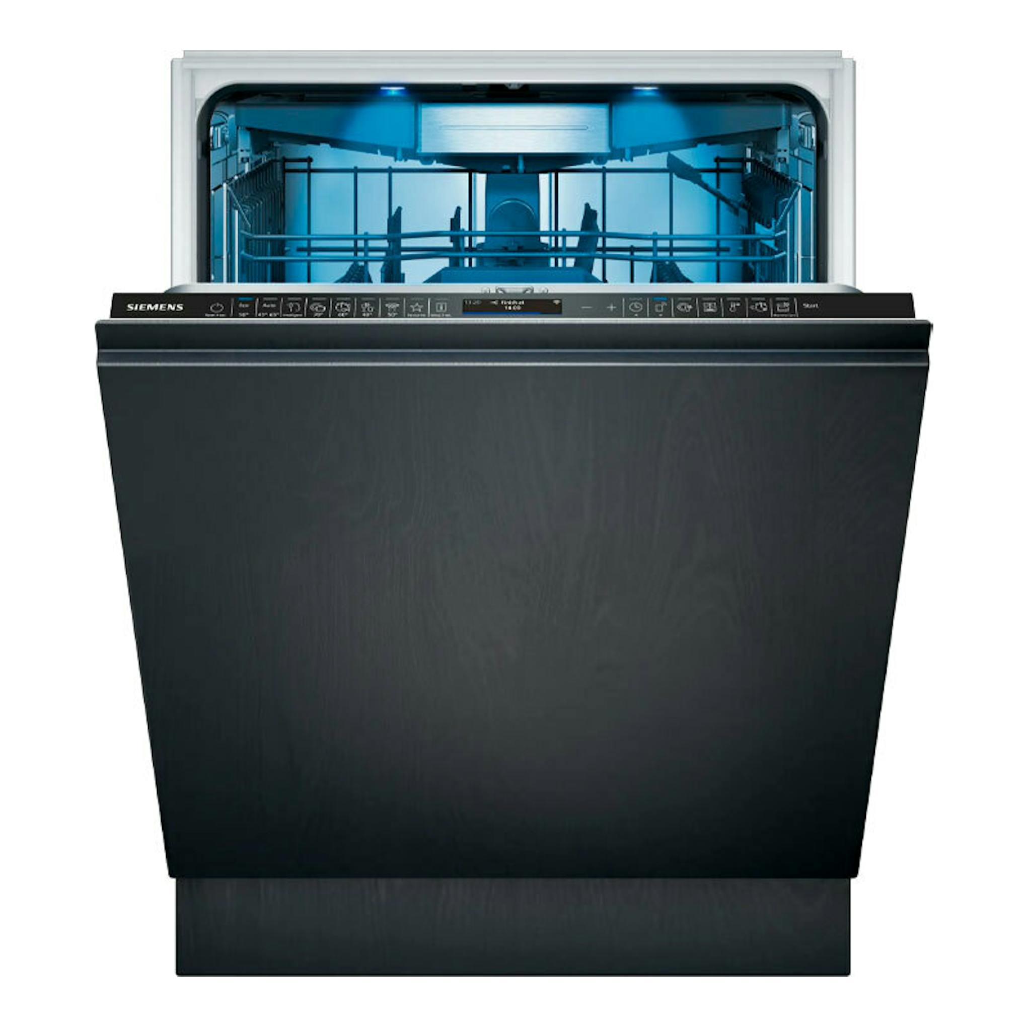Lavavajillas integrable Siemens SX87TX02CE negro, vista frontal con puerta abierta e interior azul.