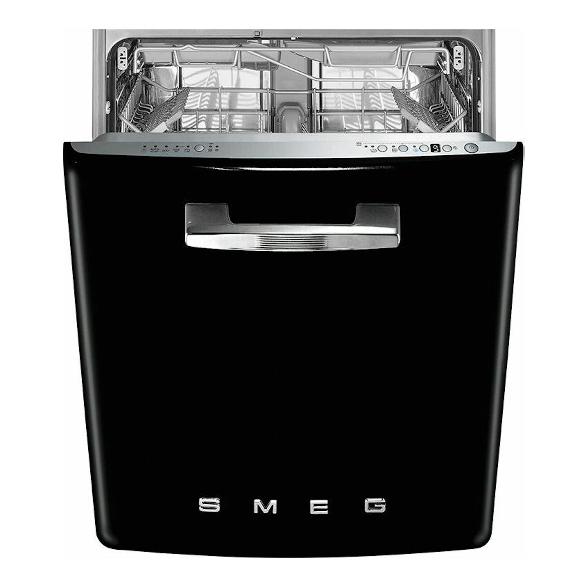 Lavavajillas integrable Smeg STFABBL3 negro, vista frontal con la puerta abierta y cestas interiores visibles.