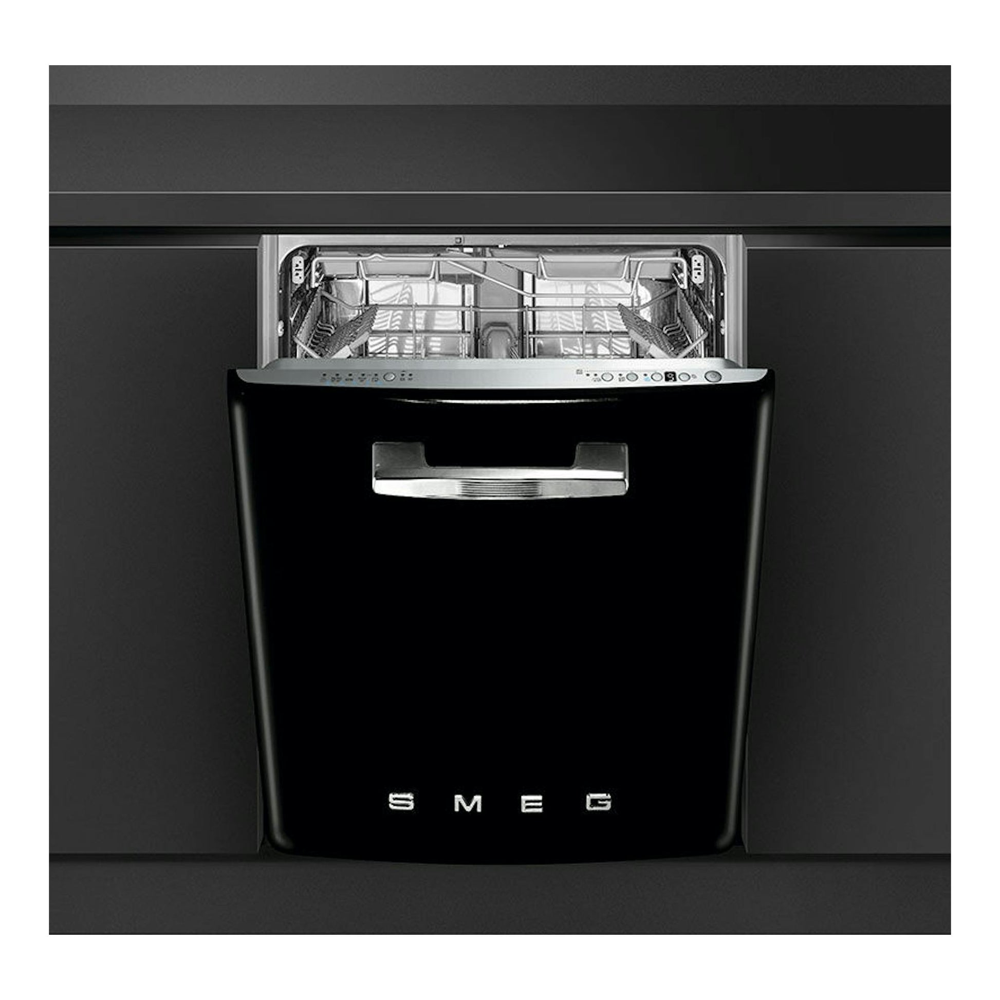 Lavavajillas integrable Smeg STFABBL3 negro, vista frontal con la puerta abierta.
