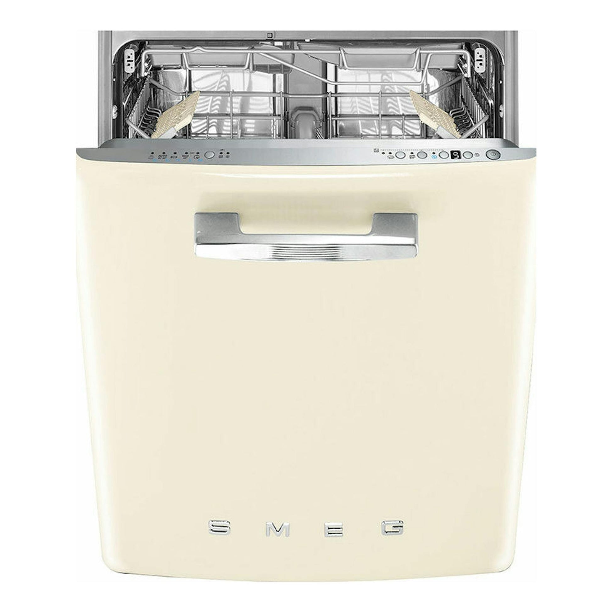 Lavavajillas integrable Smeg STFABCR3 crema de 60 cm, vista frontal con la puerta abierta.