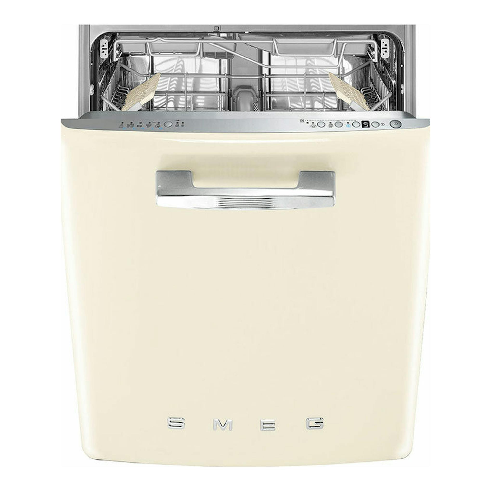 Lavavajillas integrable Smeg STFABCR3 crema de 60 cm, vista frontal con la puerta abierta.