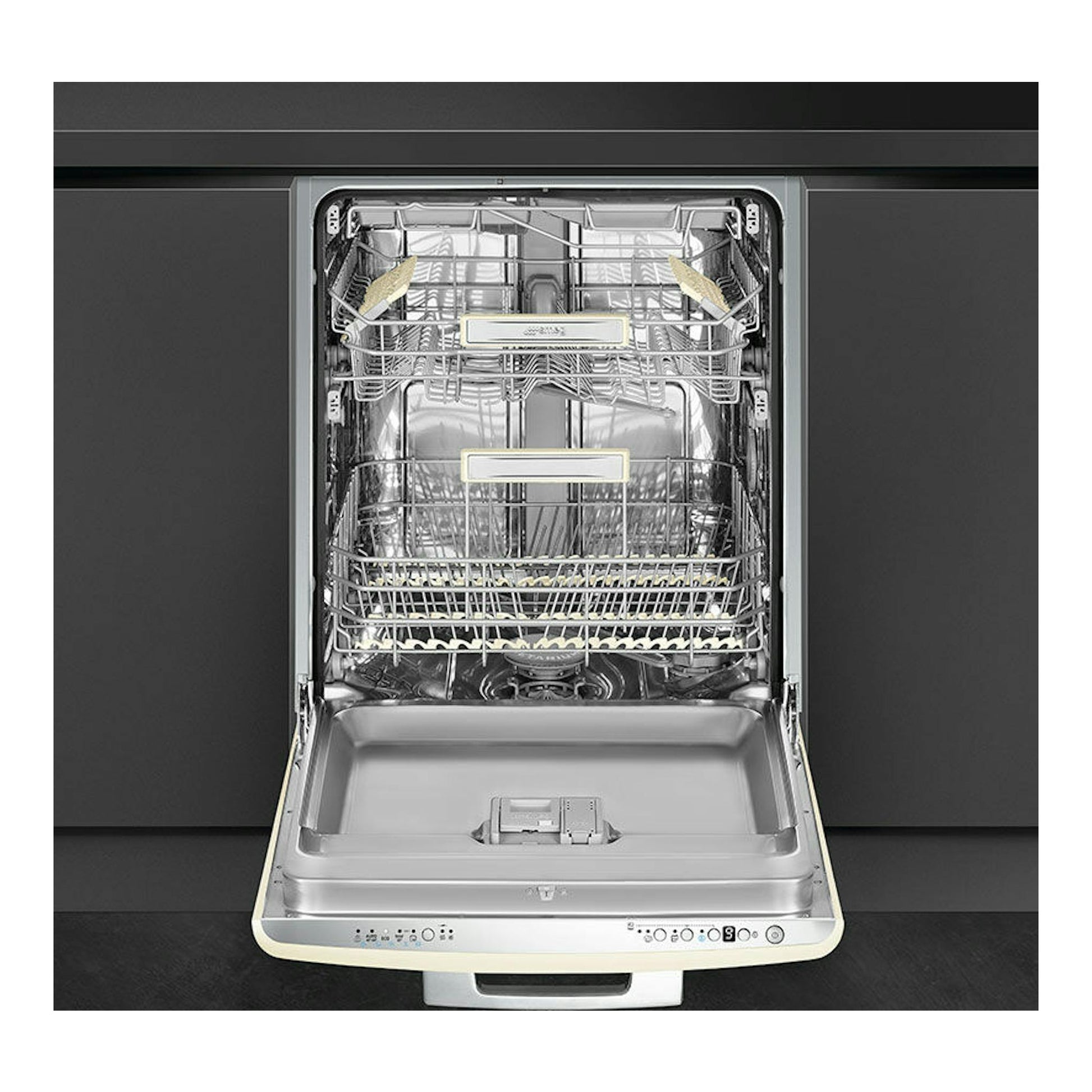 Lavavajillas integrable Smeg STFABCR3 crema, visto de frente con la puerta abatida y cestas interiores visibles.