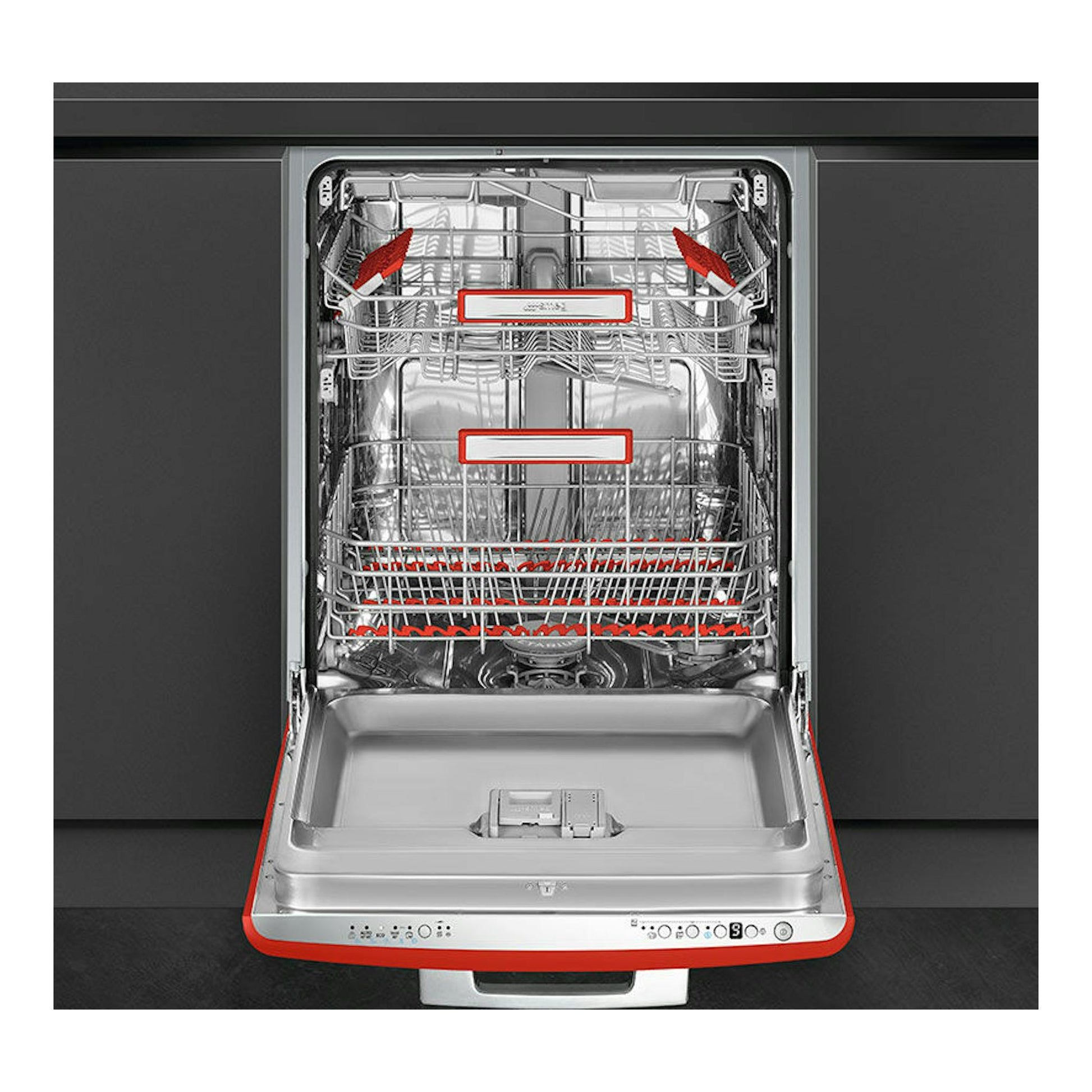 Lavavajillas integrable Smeg STFABRD3 rojo, abierto, con cestas interiores y panel inferior visible.