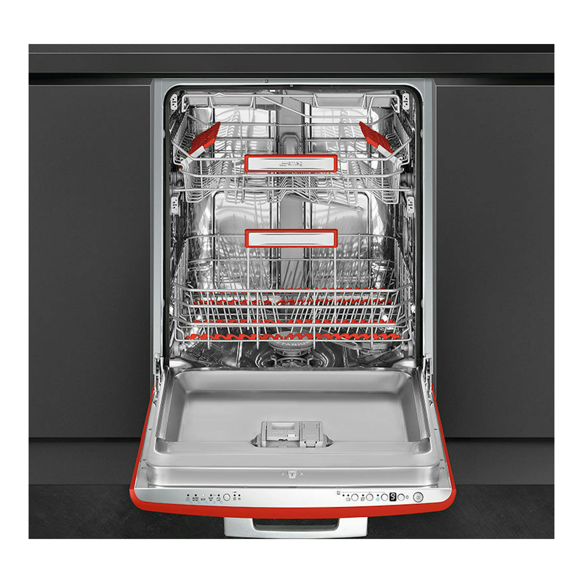 Lavavajillas integrable Smeg STFABRD3 rojo, abierto, con cestas interiores y panel inferior visible.