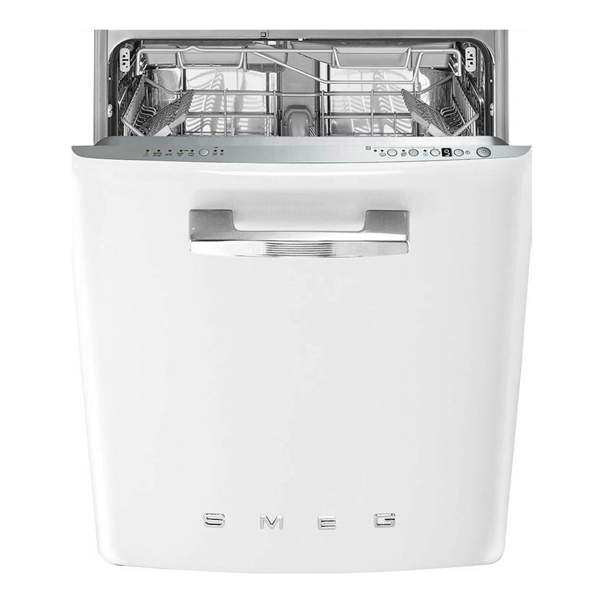 Lavavajillas integrable Smeg STFABWH3 blanco, vista frontal con puerta abierta y cestas interiores visibles.