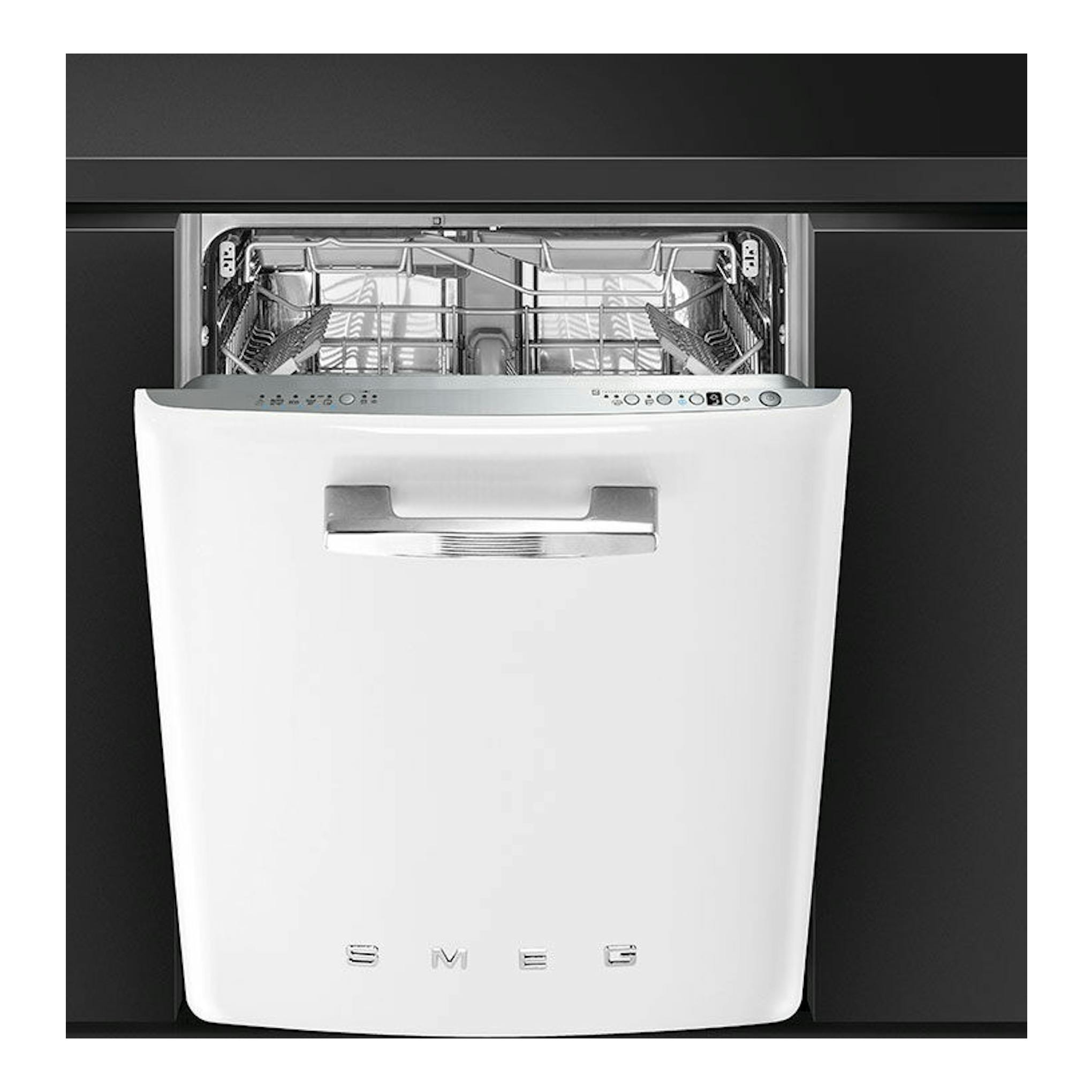 Lavavajillas integrable Smeg STFABWH3 blanco, vista frontal con la puerta abierta.