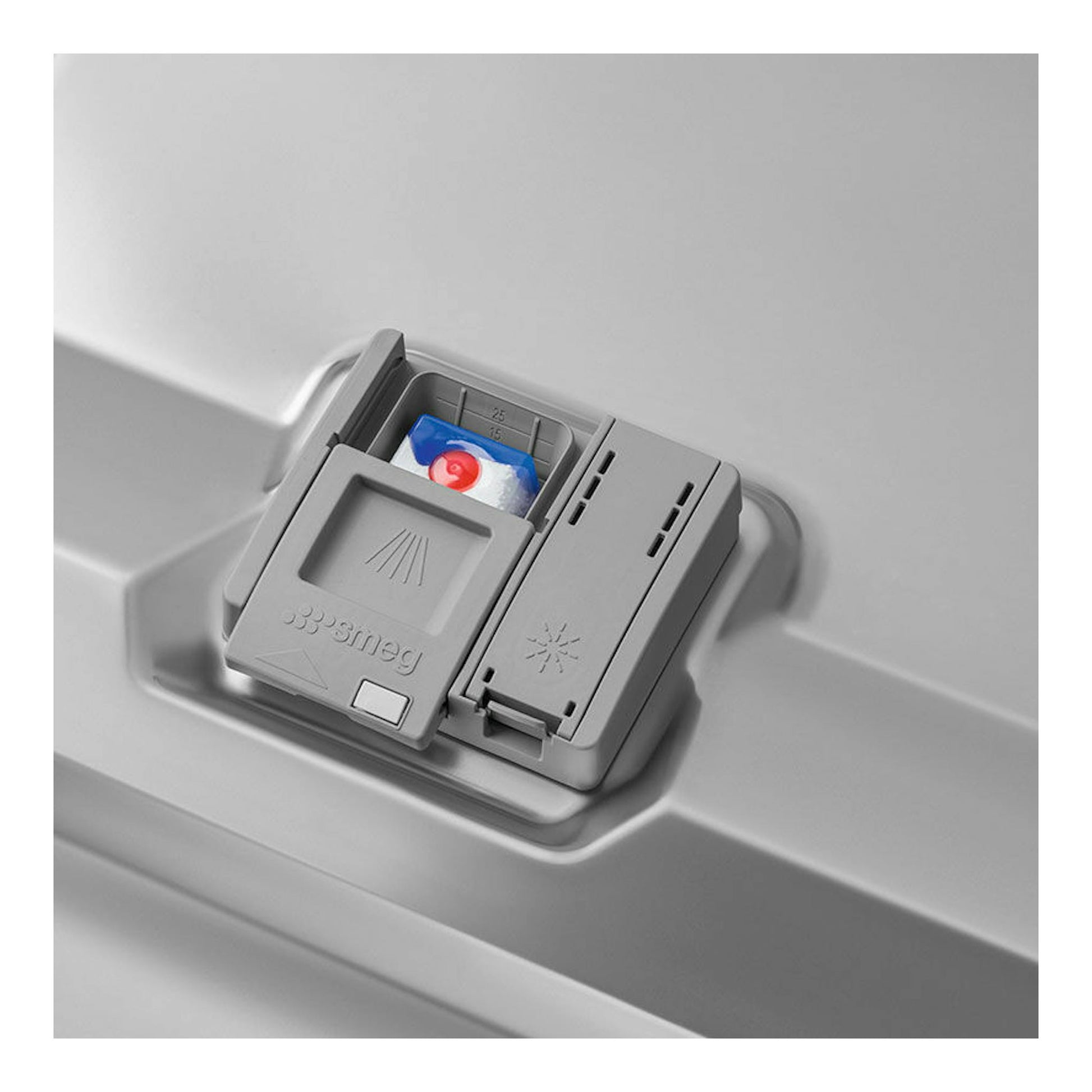 Dispensador de detergente de lavavajillas Smeg STFABWH3 blanco, visto en primer plano.