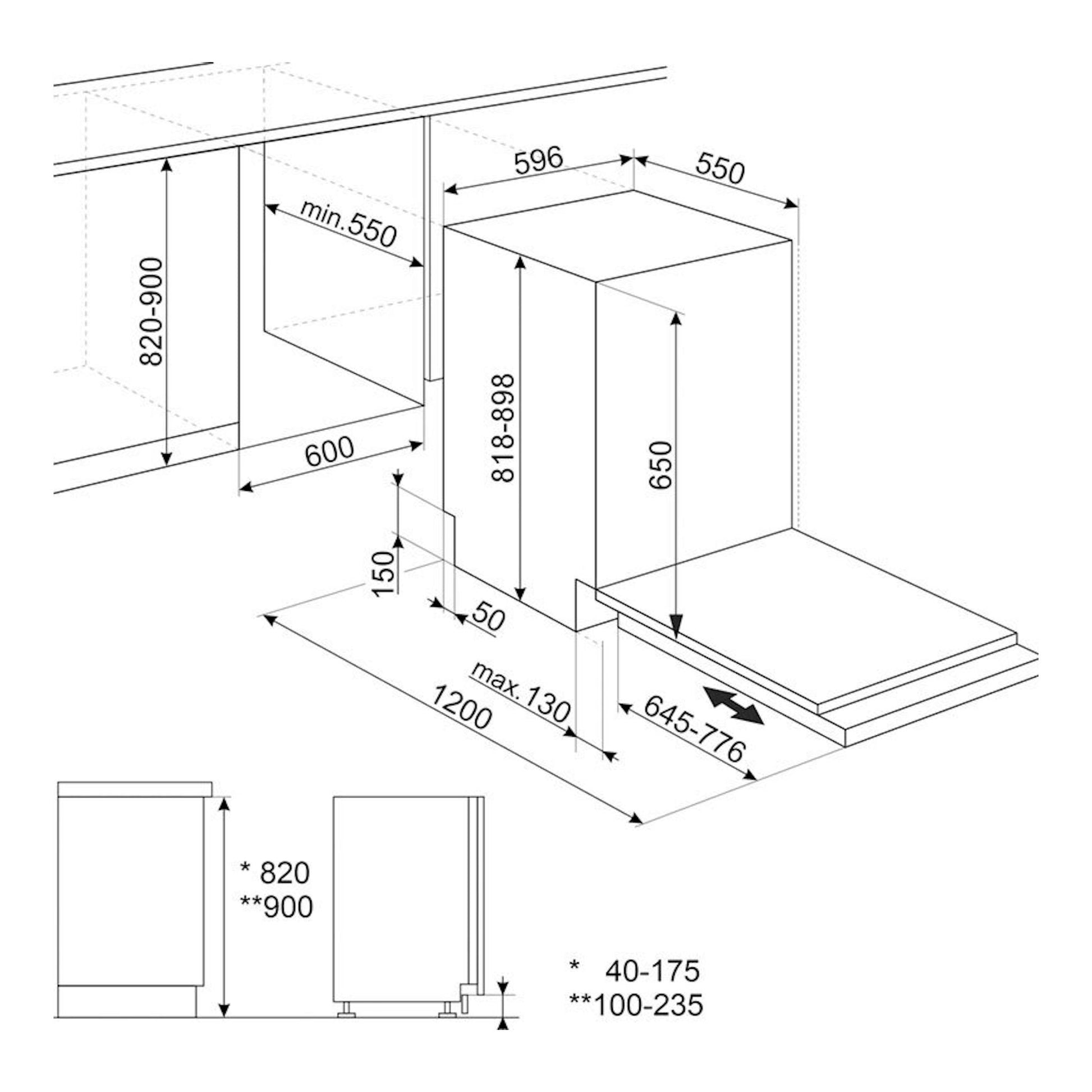 Smeg STL262D: diagrama técnico en blanco y negro de instalación de lavavajillas integrable de 60 cm con medidas.