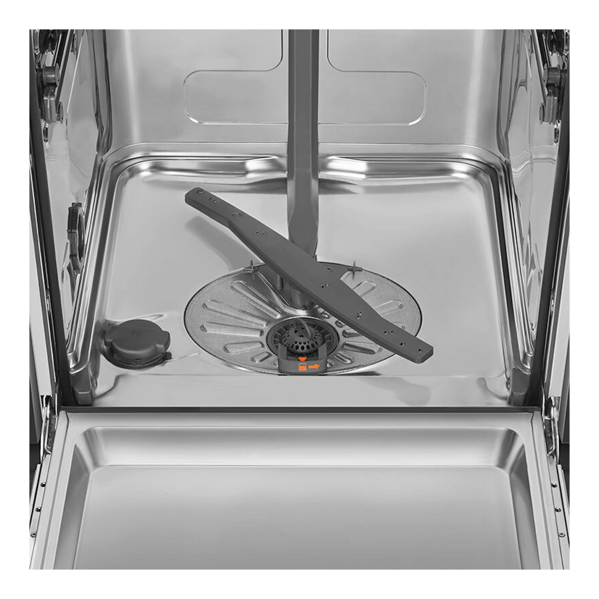 Lavavajillas integrable Smeg STL262D, interior de acero inoxidable con brazo rociador y puerta abierta.