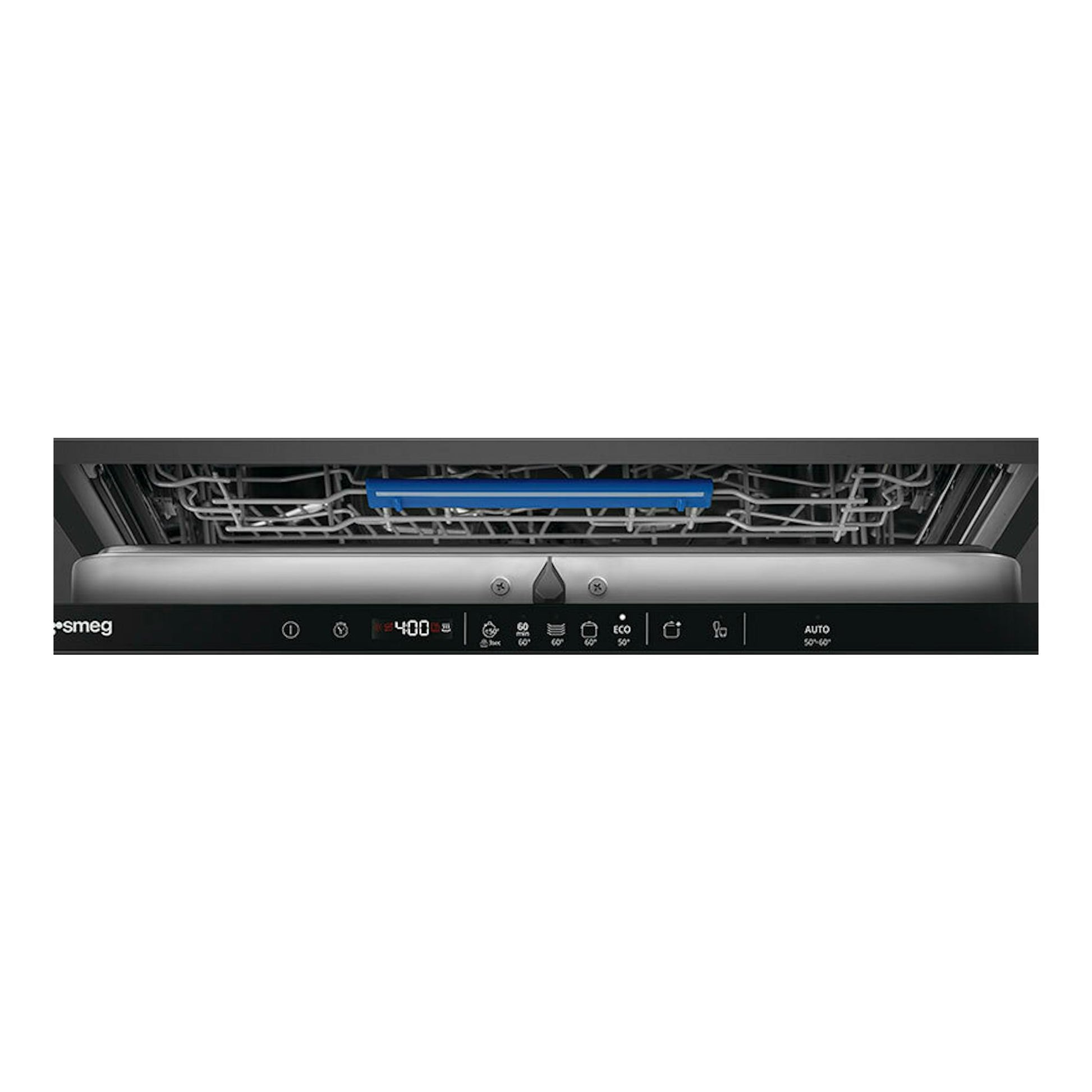 Lavavajillas integrable Smeg STL362DQ, vista frontal con puerta abierta y panel de control negro.