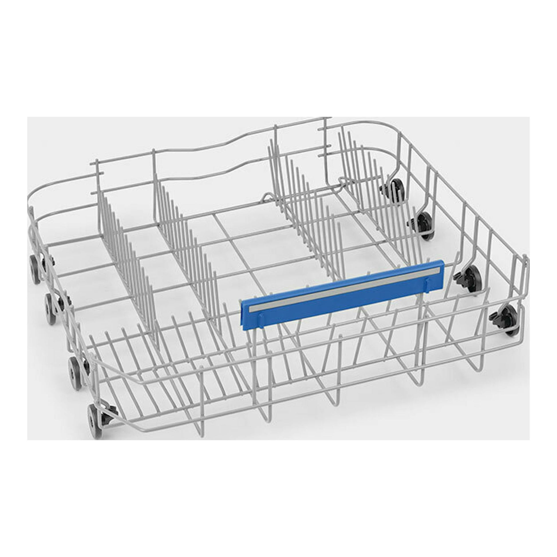 Cesta de lavavajillas Smeg STL362DQ de acero gris con pieza azul, vista en ángulo sobre fondo blanco.