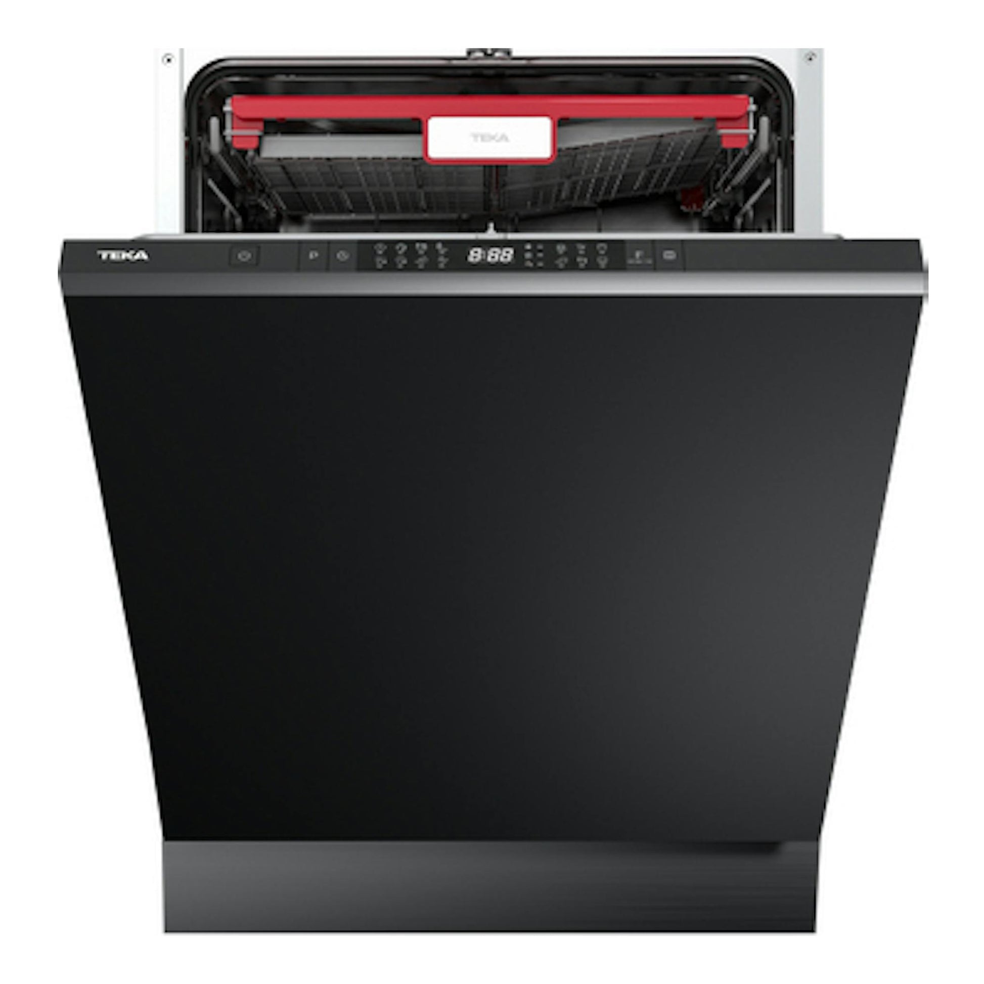 Lavavajillas integrable Teka DFI 86850 XL, vista frontal, negro, con puerta abatida y cesta superior visible.