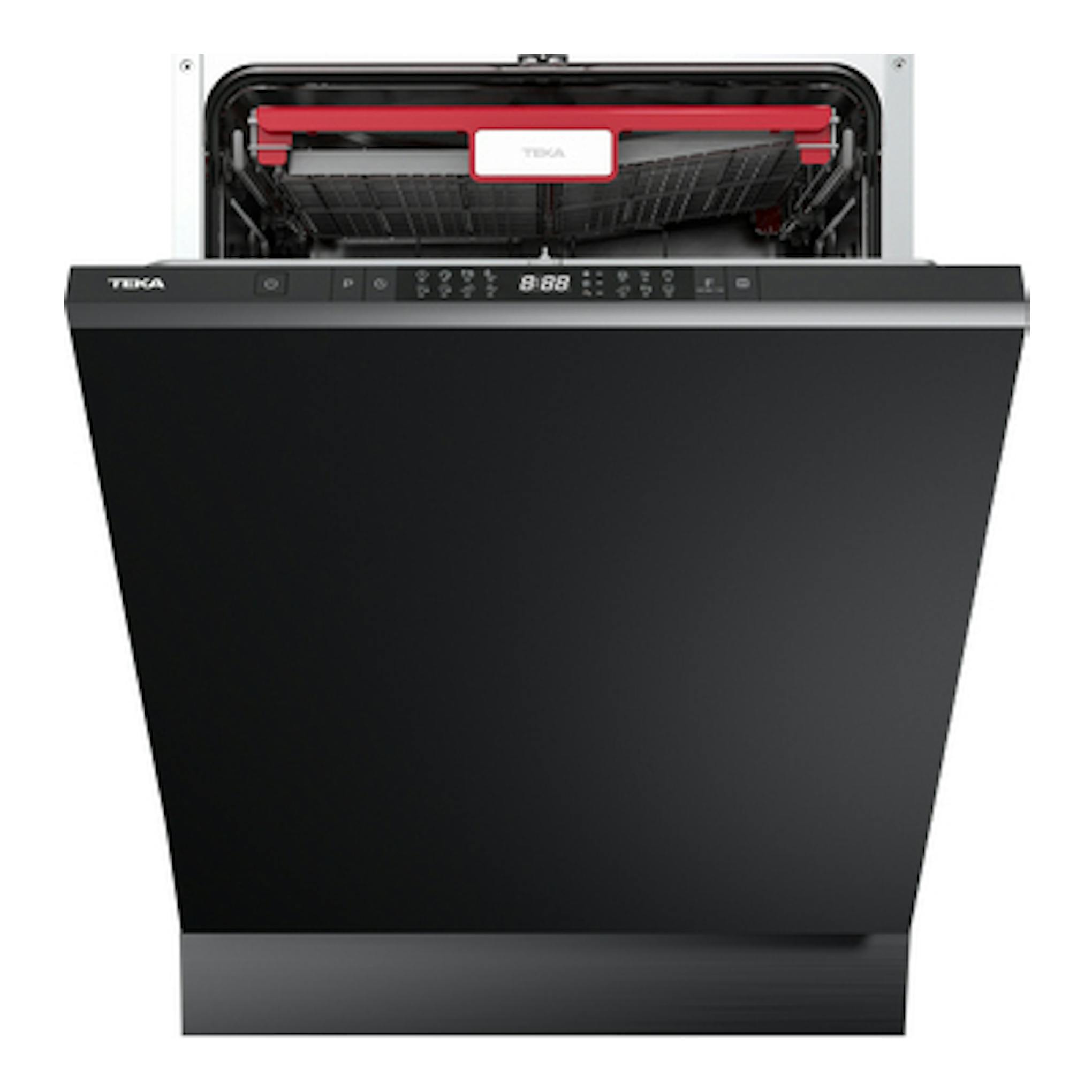 Lavavajillas integrable Teka DFI 86850 XL, vista frontal, negro, con puerta abatida y cesta superior visible.