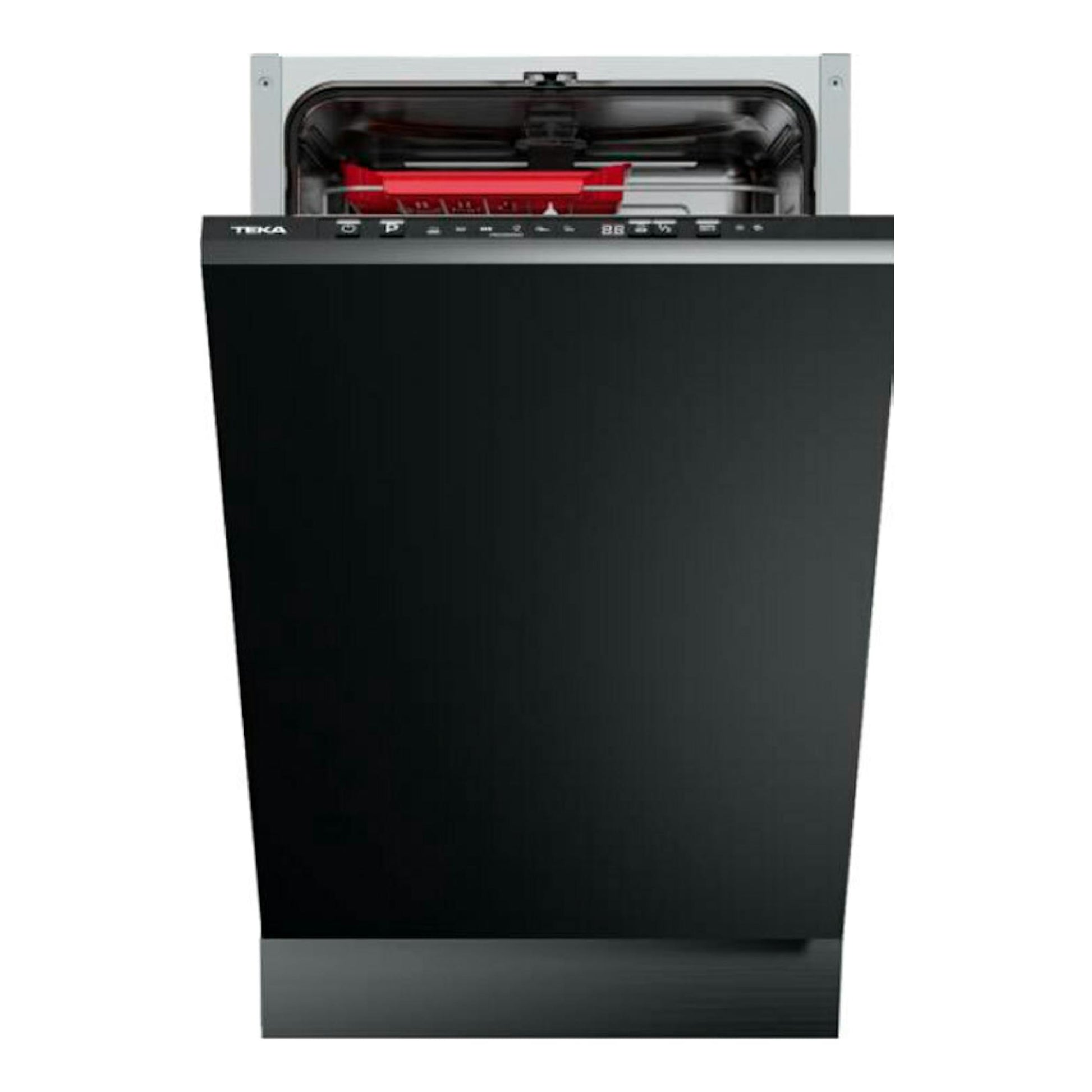 Lavavajillas integrable Teka DFI44800 negro, vista frontal con la puerta abierta.
