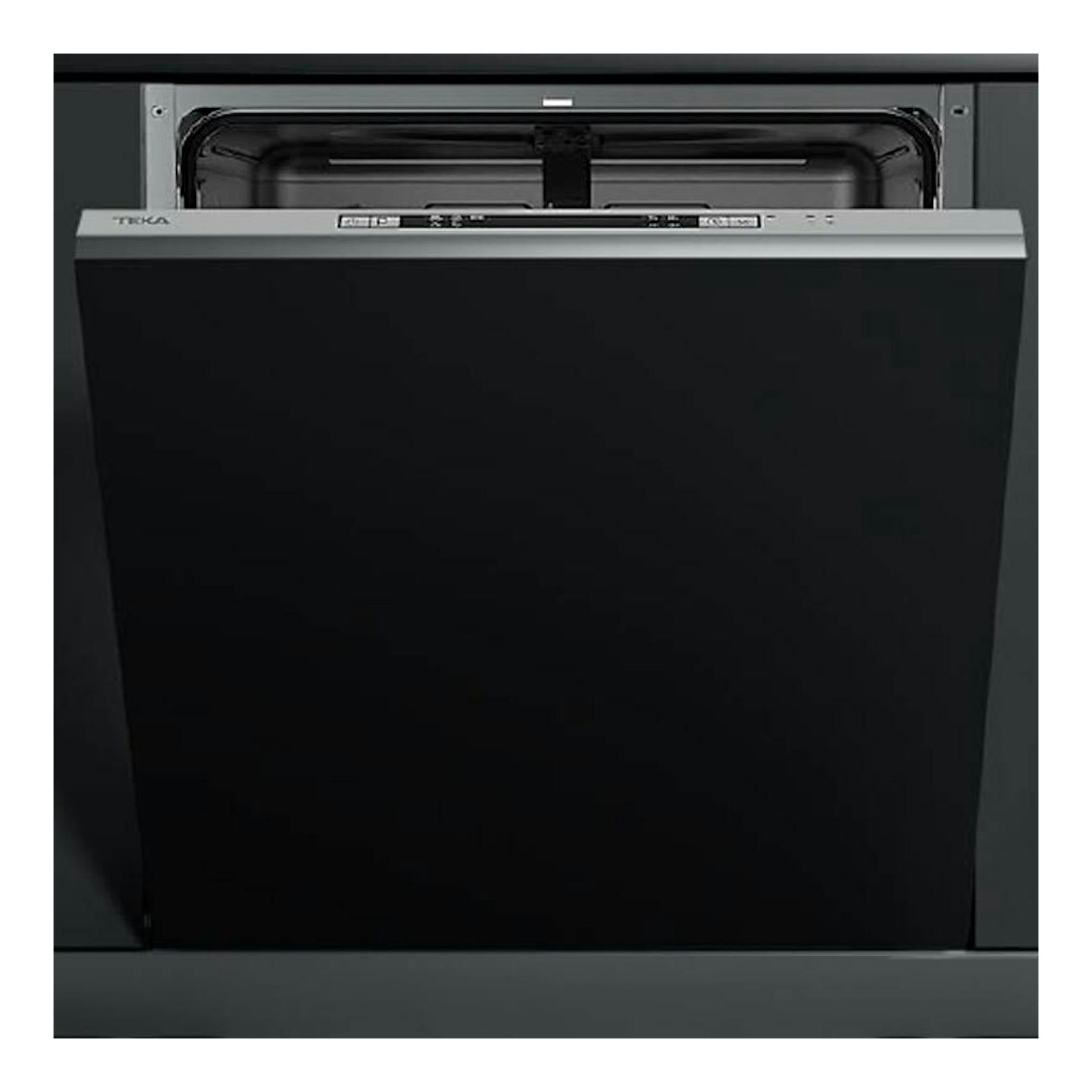 Lavavajillas integrable Teka DFI46650 de 60 cm, vista frontal, panel negro y parte superior abierta.