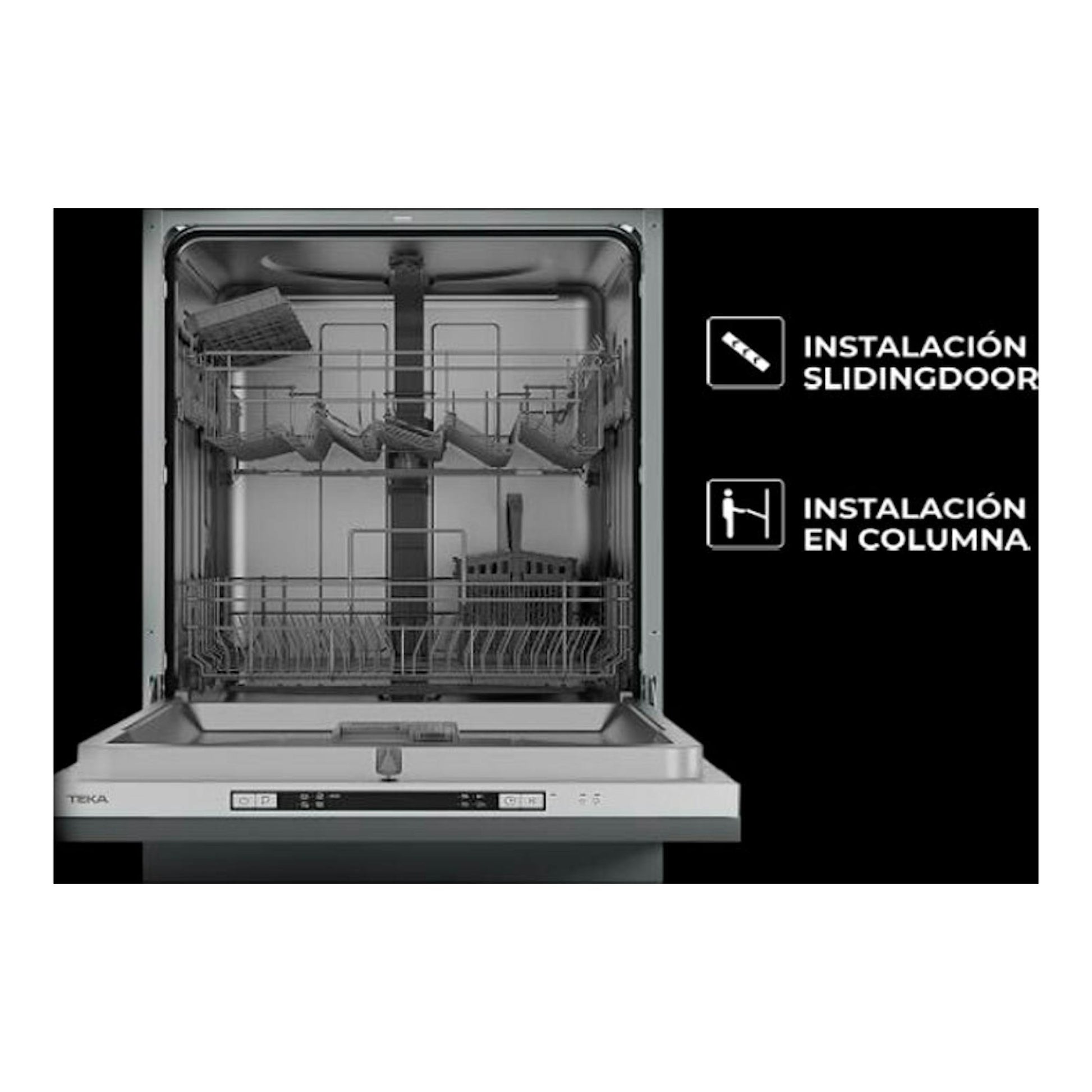Lavavajillas integrable Teka DFI46650 de 60 cm, vista frontal abierta, interior gris y panel negro.