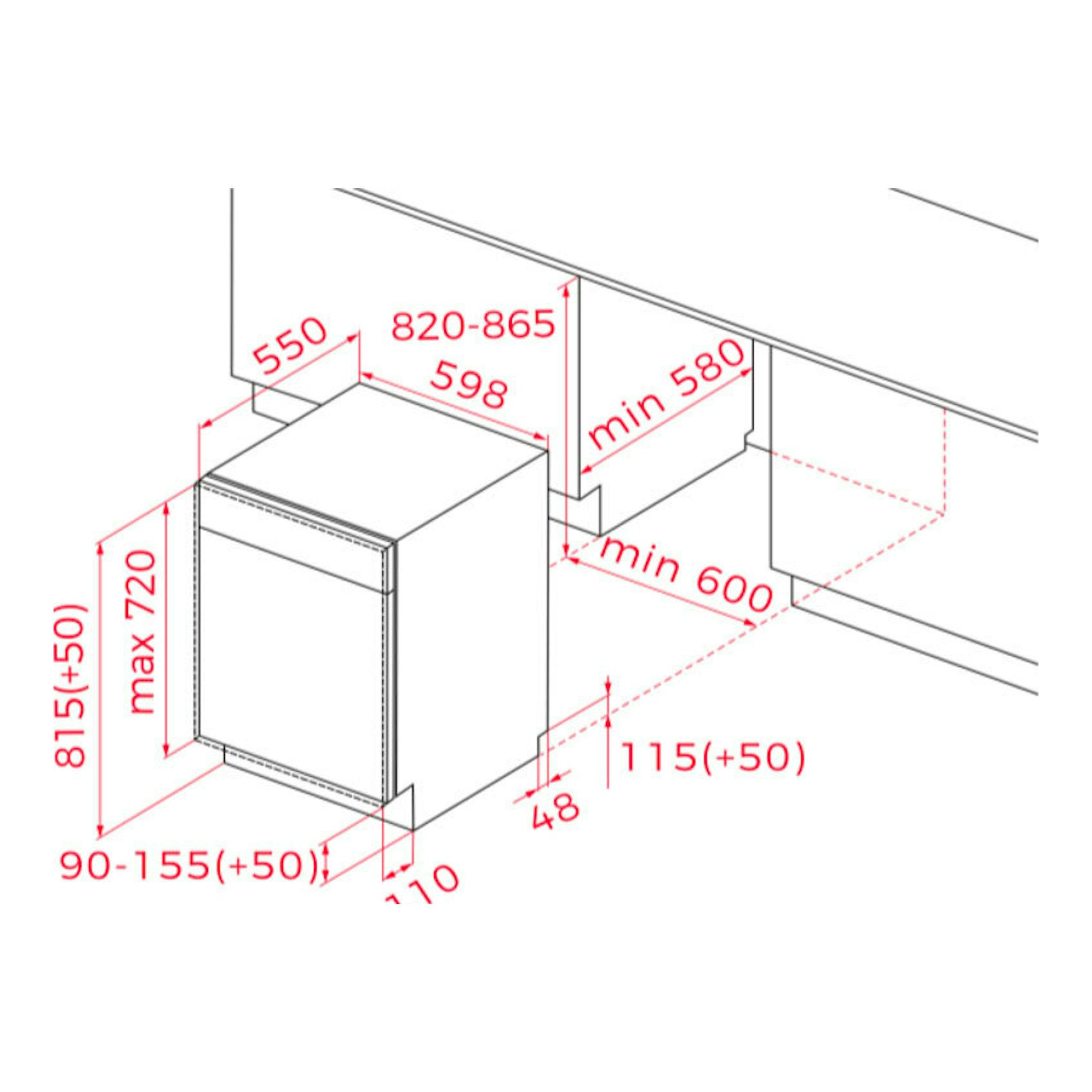 Esquema de instalación de lavavajillas integrable Teka DFI46710 WH 60 cm, vista frontal y lateral con medidas.