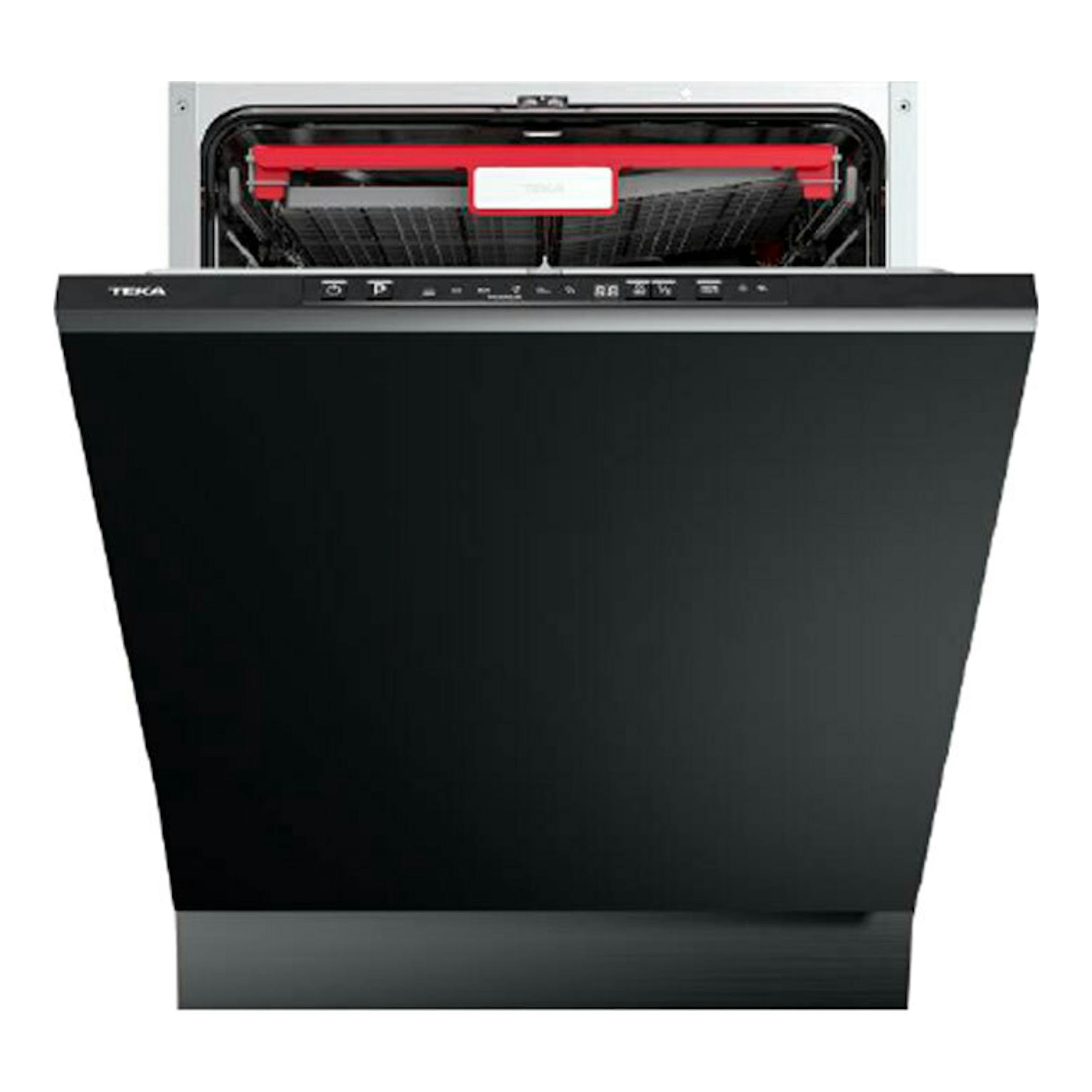 Lavavajillas integrable Teka DFI46740 negro, vista frontal con puerta abierta y panel superior.
