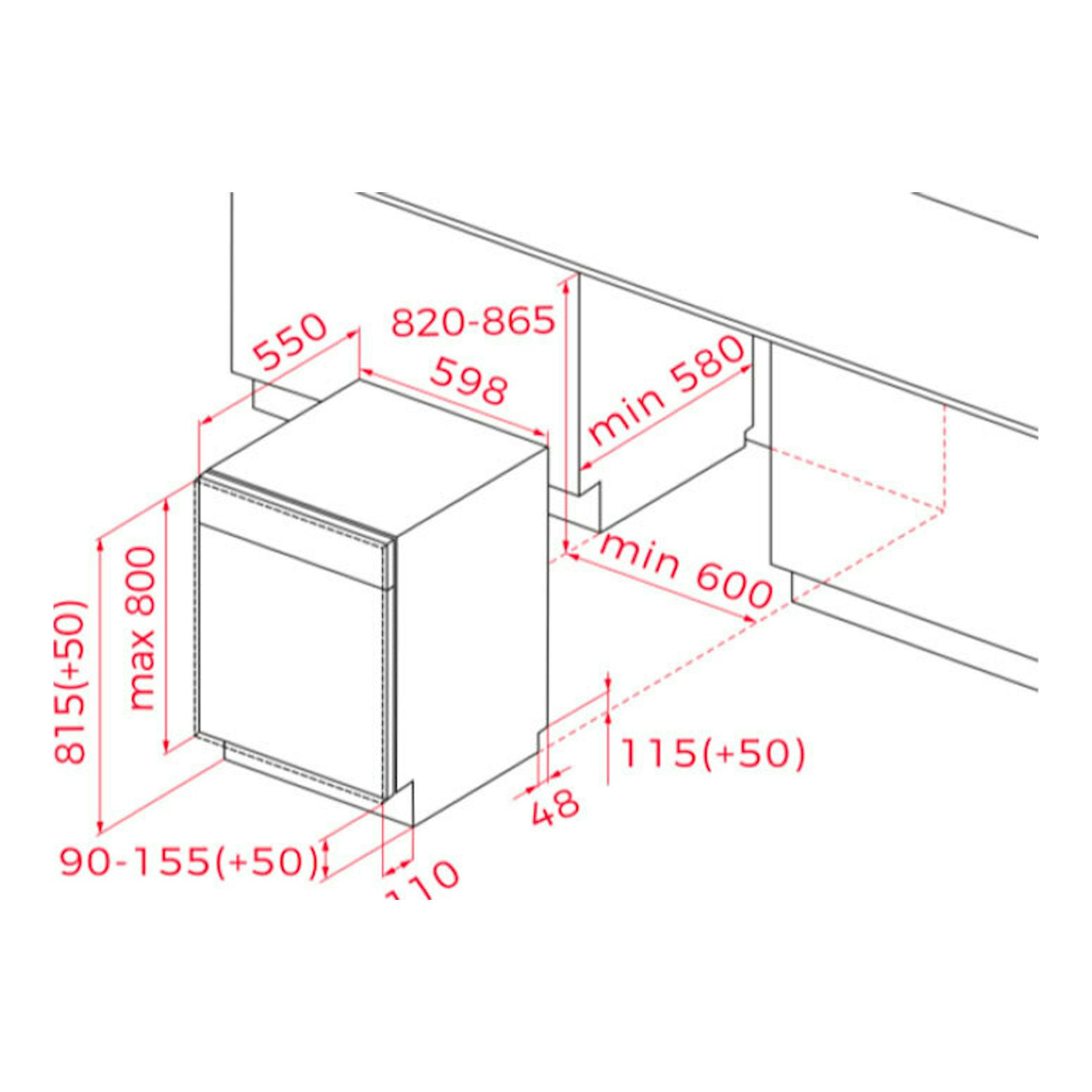 Diagrama de instalación de lavavajillas integrable Teka DFI76960 de 60 cm, vista en perspectiva con medidas en rojo.