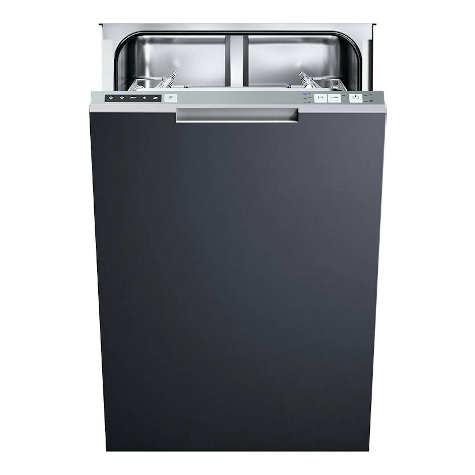 Lavavajillas integrable Teka DW840FI, vista frontal, puerta negra abierta y cesta interior visible.