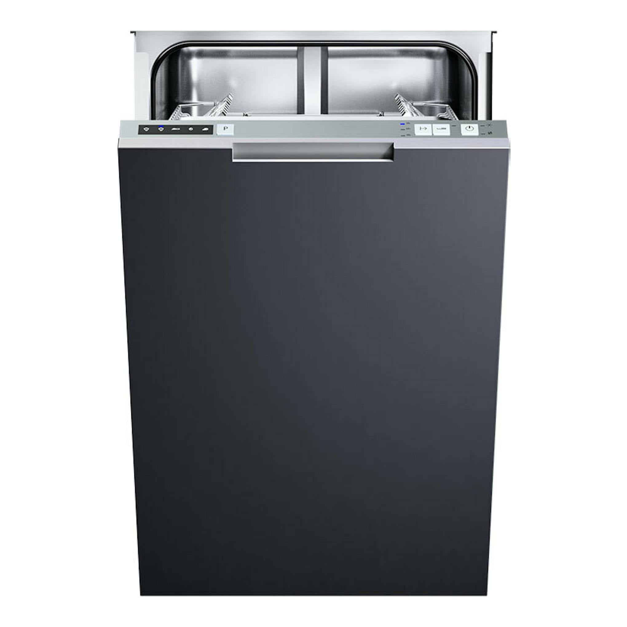 Lavavajillas integrable Teka DW840FI, vista frontal, puerta negra abierta y cesta interior visible.
