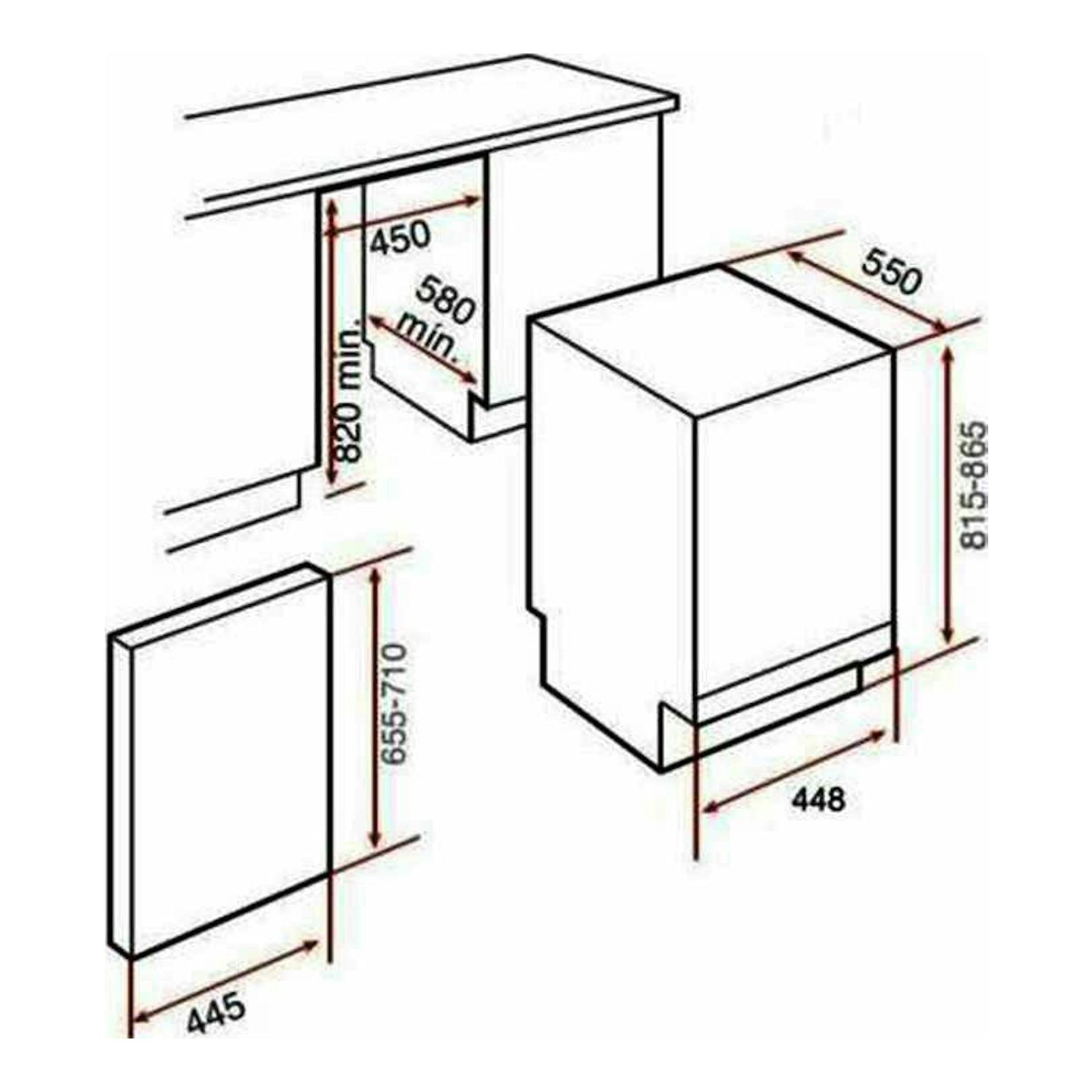 Esquema técnico del lavavajillas integrable Teka DW840FI, vista frontal y lateral con medidas de instalación.