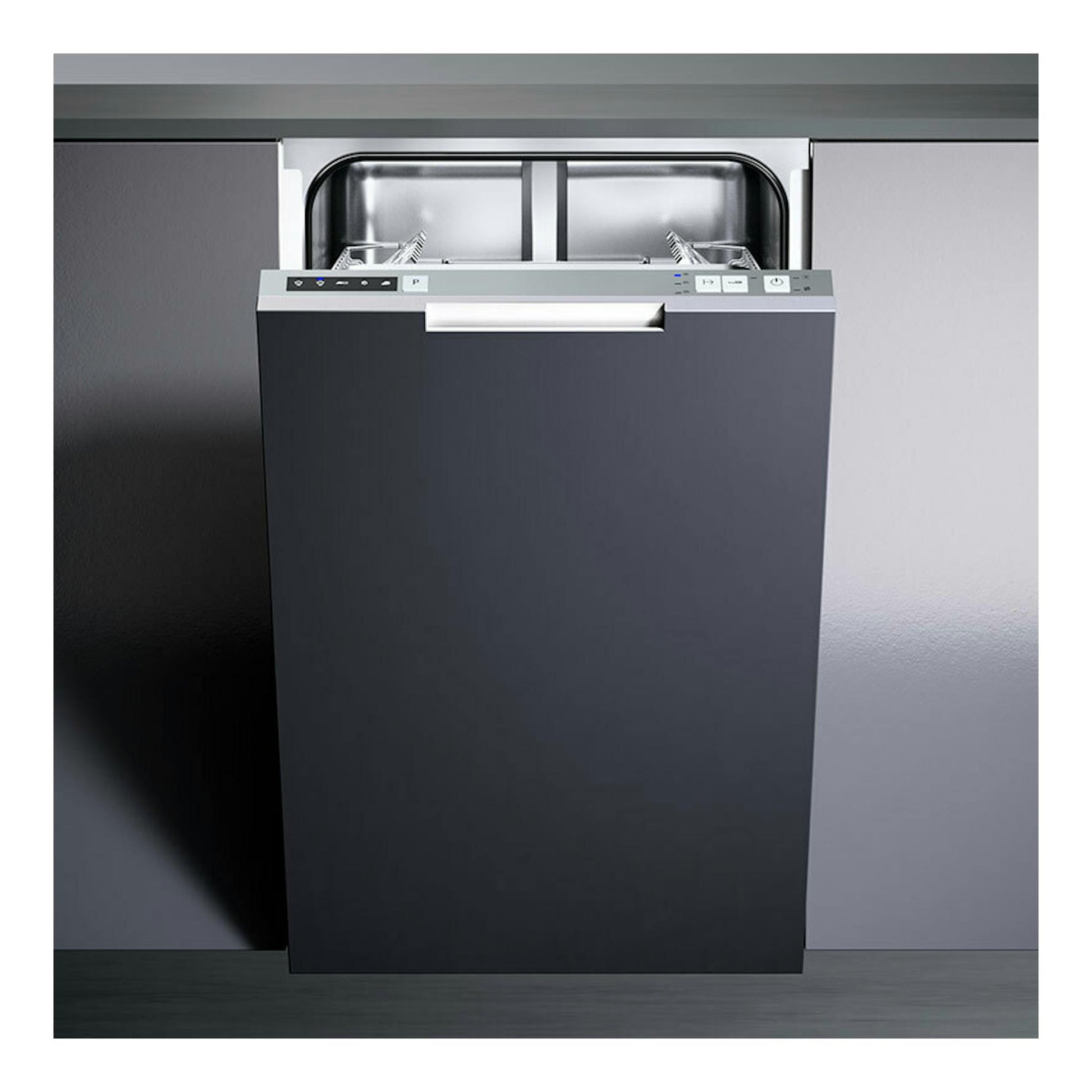 Lavavajillas integrable Teka DW840FI de 45 cm, vista frontal con puerta negra abierta y panel superior.
