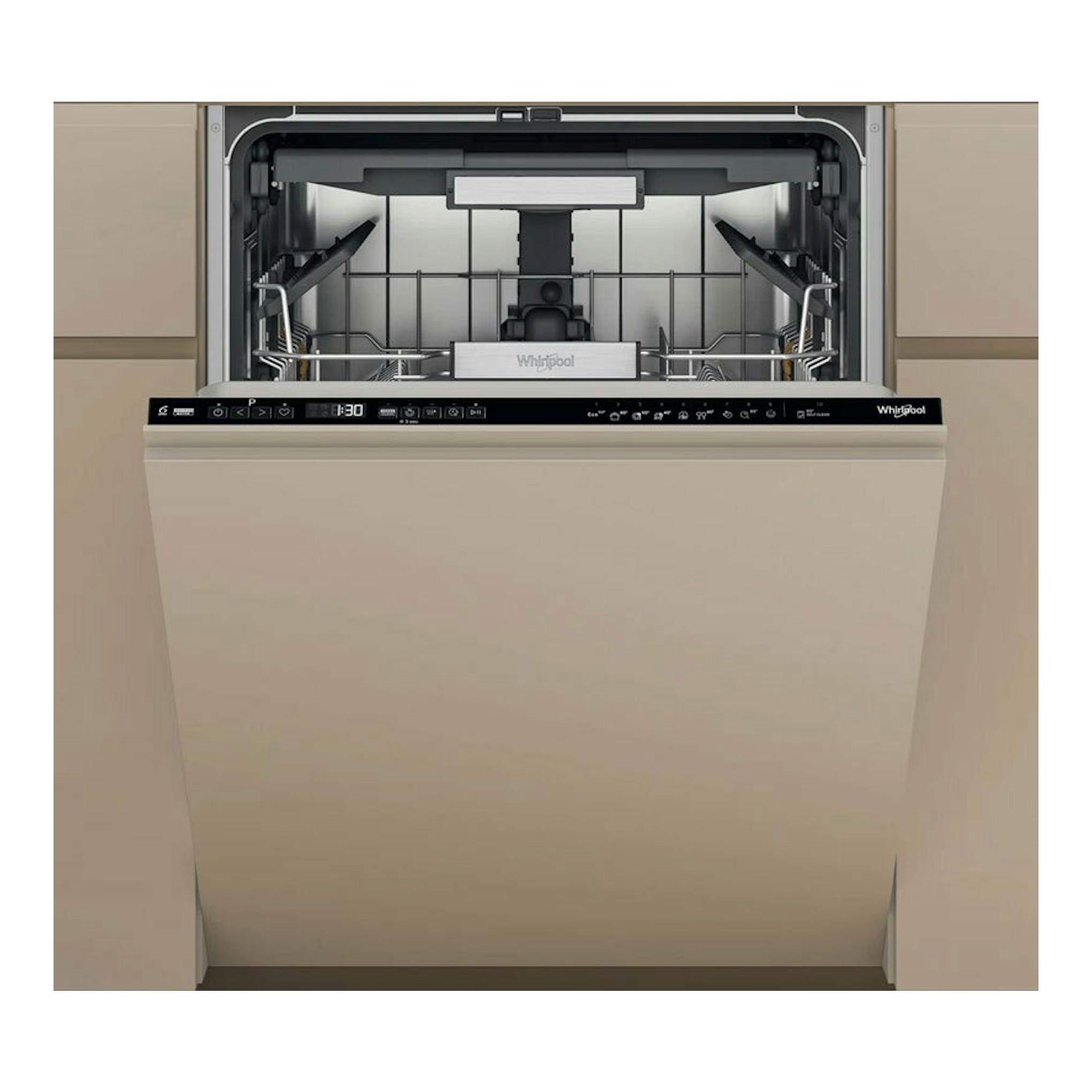 Lavavajillas integrable Whirlpool W7I HP40 L abierto, vista frontal, panel beige e interior visible.