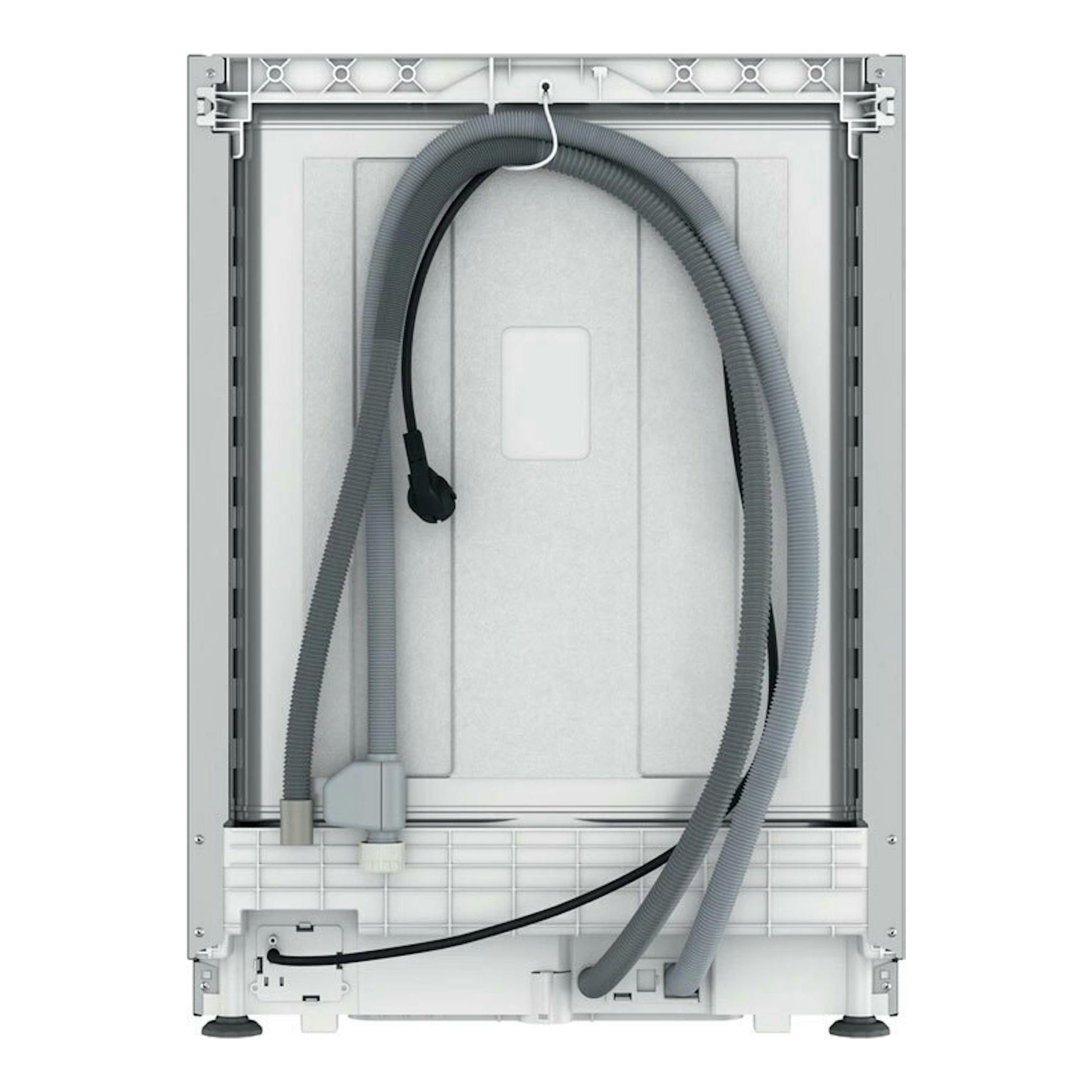 Lavavajillas integrable Whirlpool W7I HP40 L, vista trasera en blanco con mangueras y cable visibles.