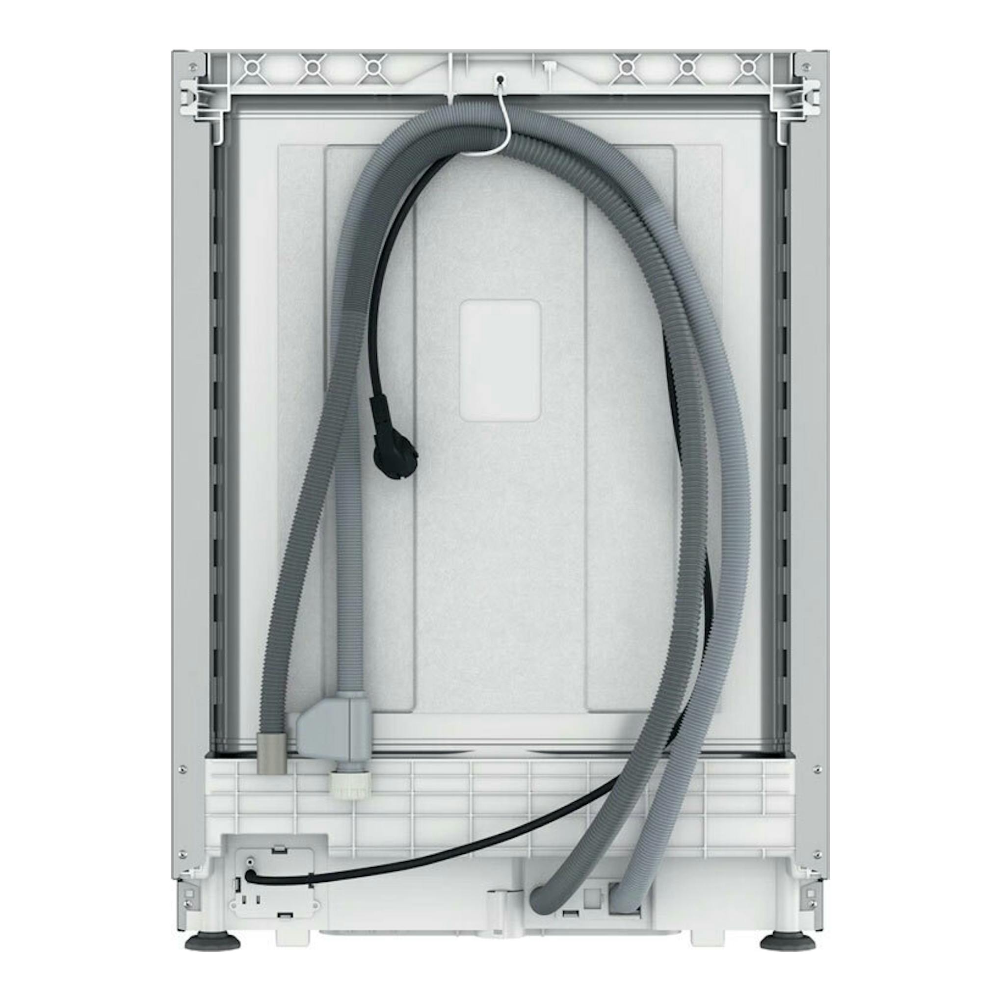 Lavavajillas integrable Whirlpool W7I HP40 L, vista trasera en blanco con mangueras y cable visibles.