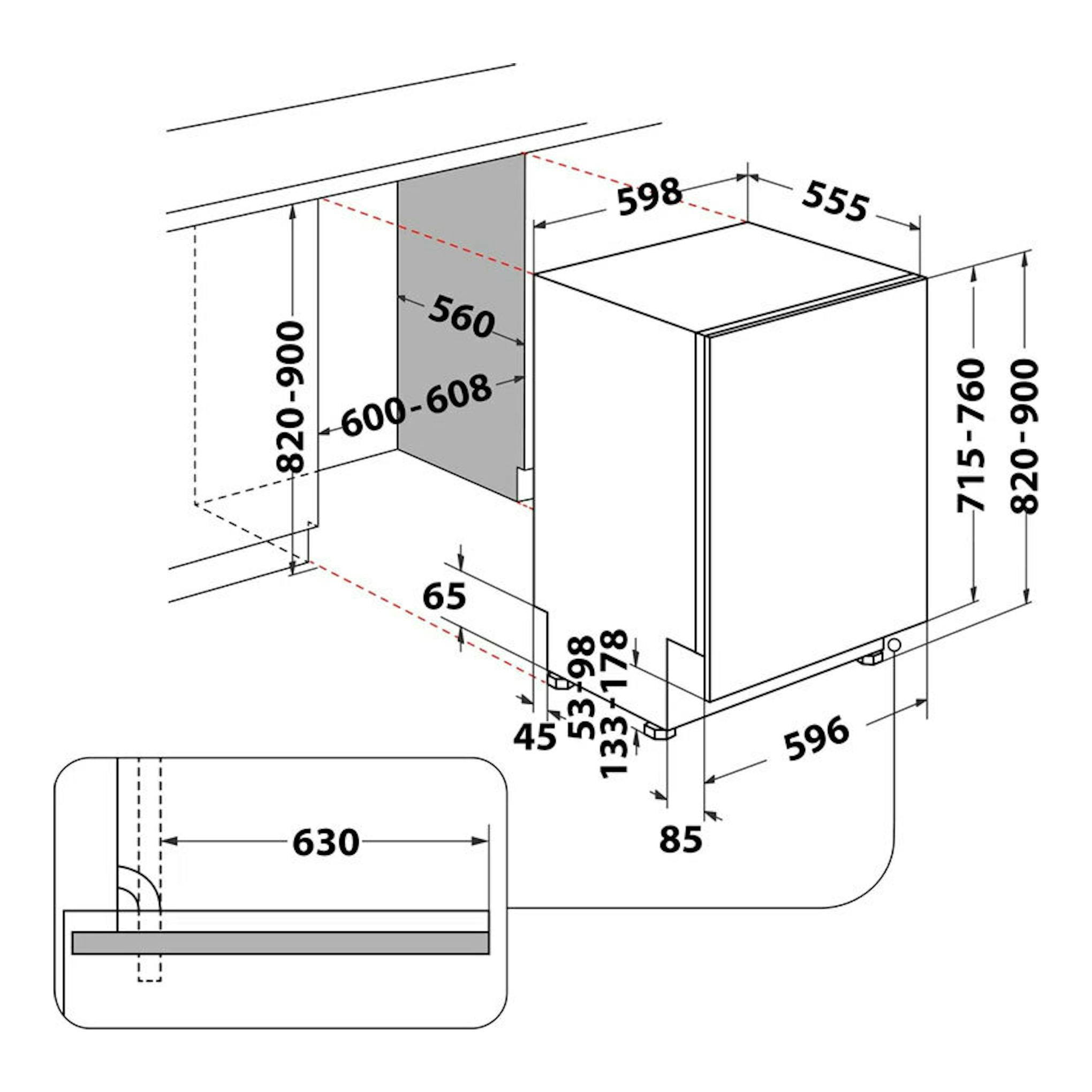 Lavavajillas integrable Whirlpool W7I HP40 L de 60 cm, diagrama técnico en vista isométrica con medidas.