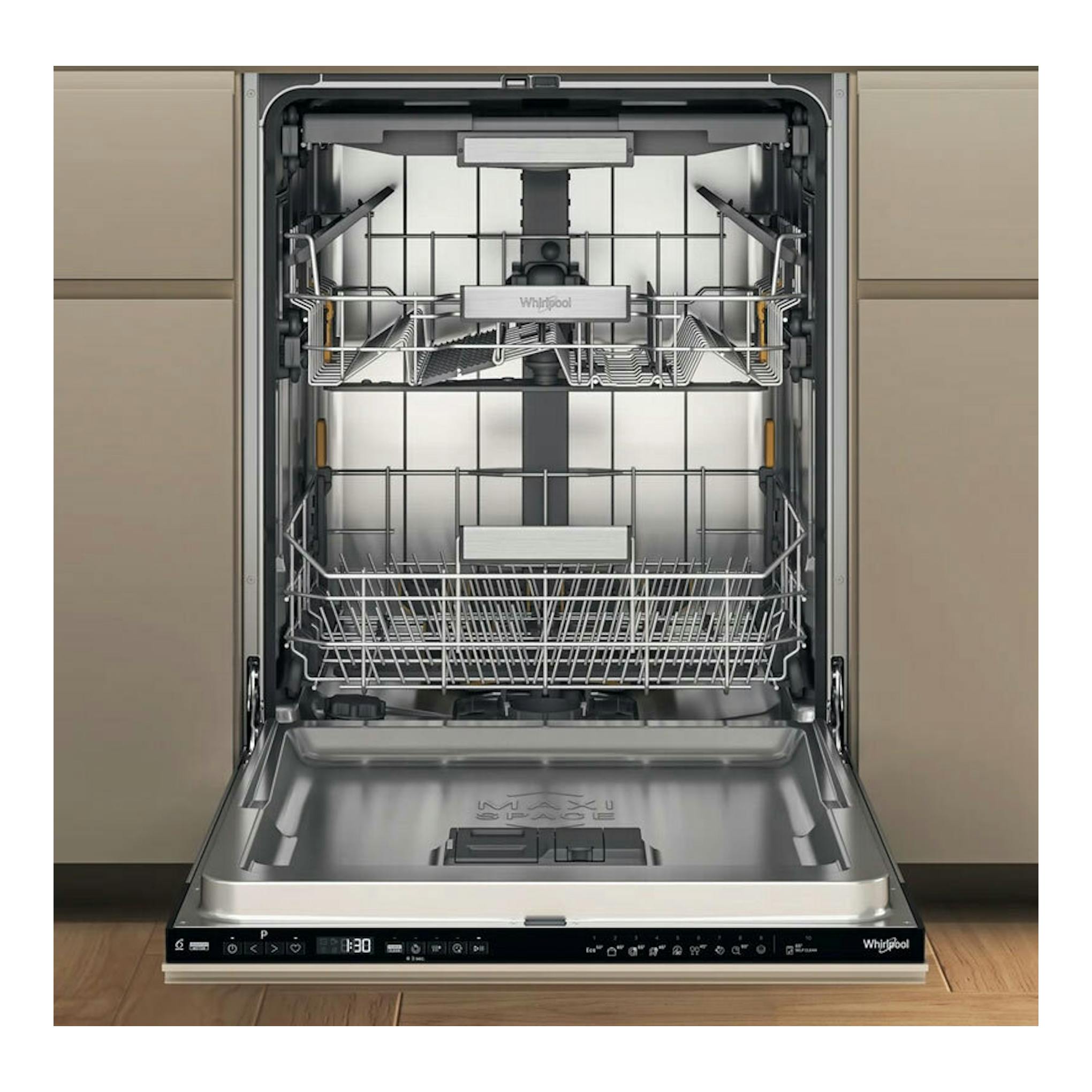 Lavavajillas integrable Whirlpool W7I HP40 L abierto, vista frontal, interior metálico y cestas vacías.