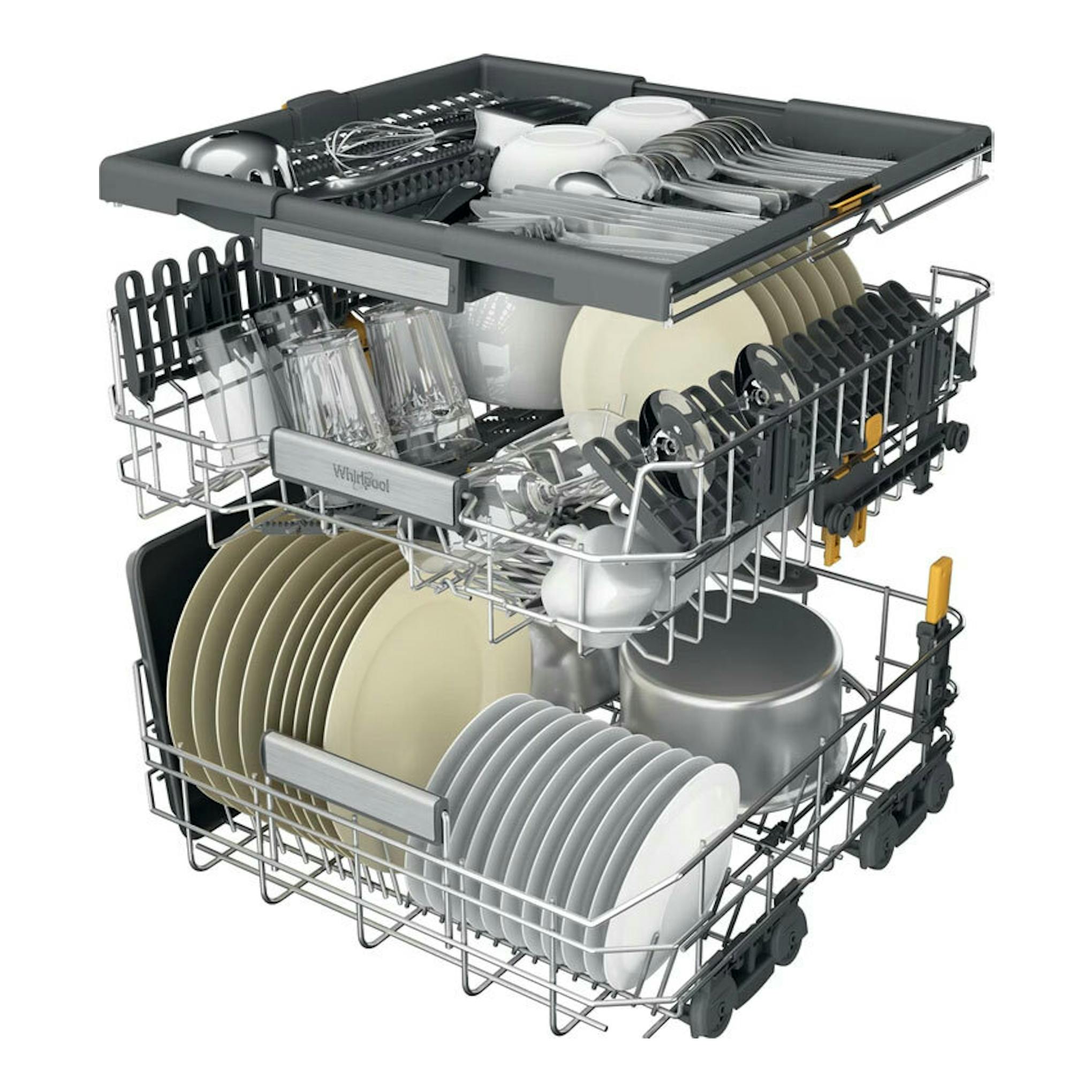 Lavavajillas integrable Whirlpool W7I HP40 L, vista frontal abierta con cestas y vajilla.